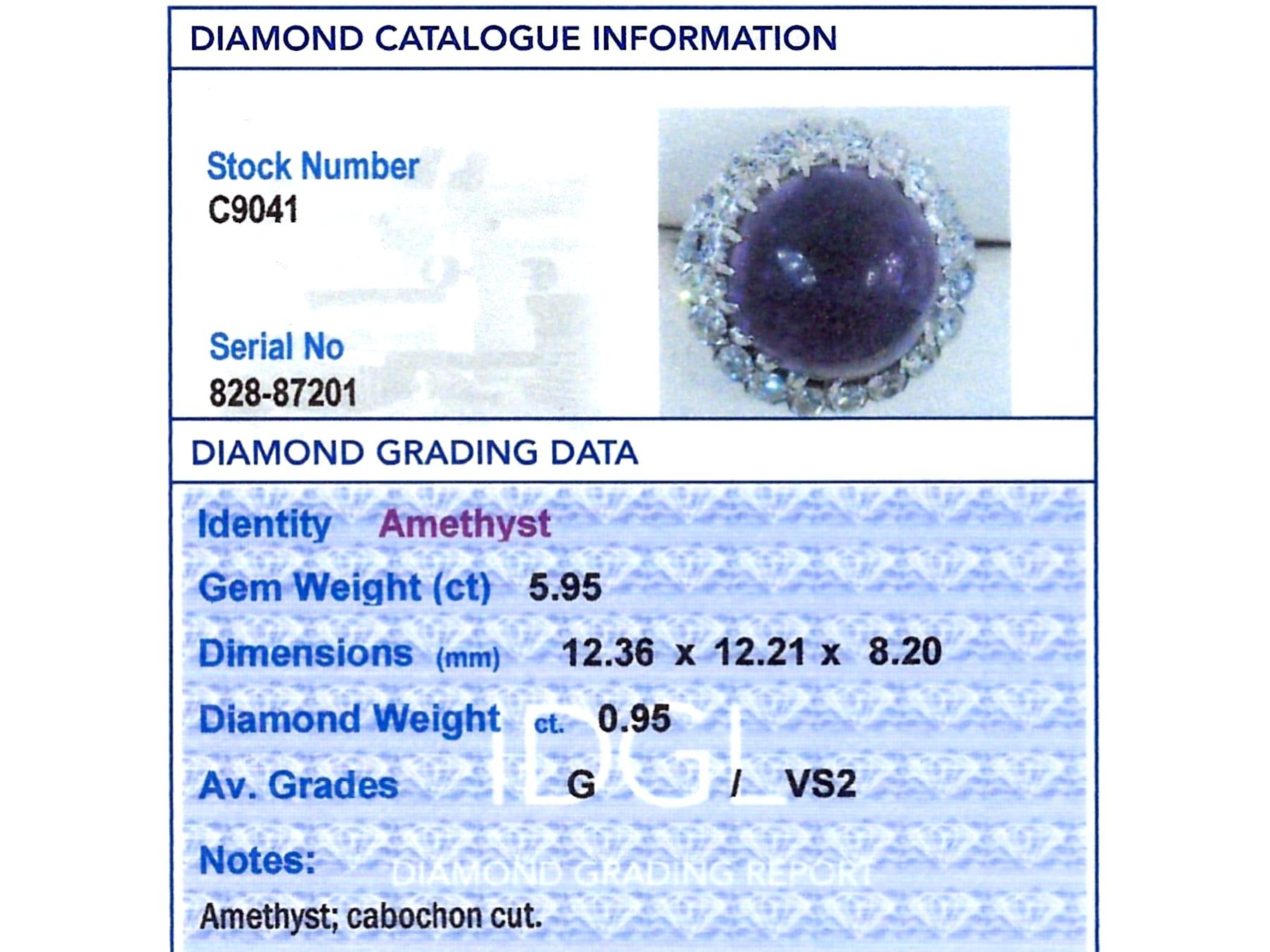 5.95 Carat Amethyst and 0.95 Carat Diamond Platinum Dress Ring Circa 1935 For Sale 1