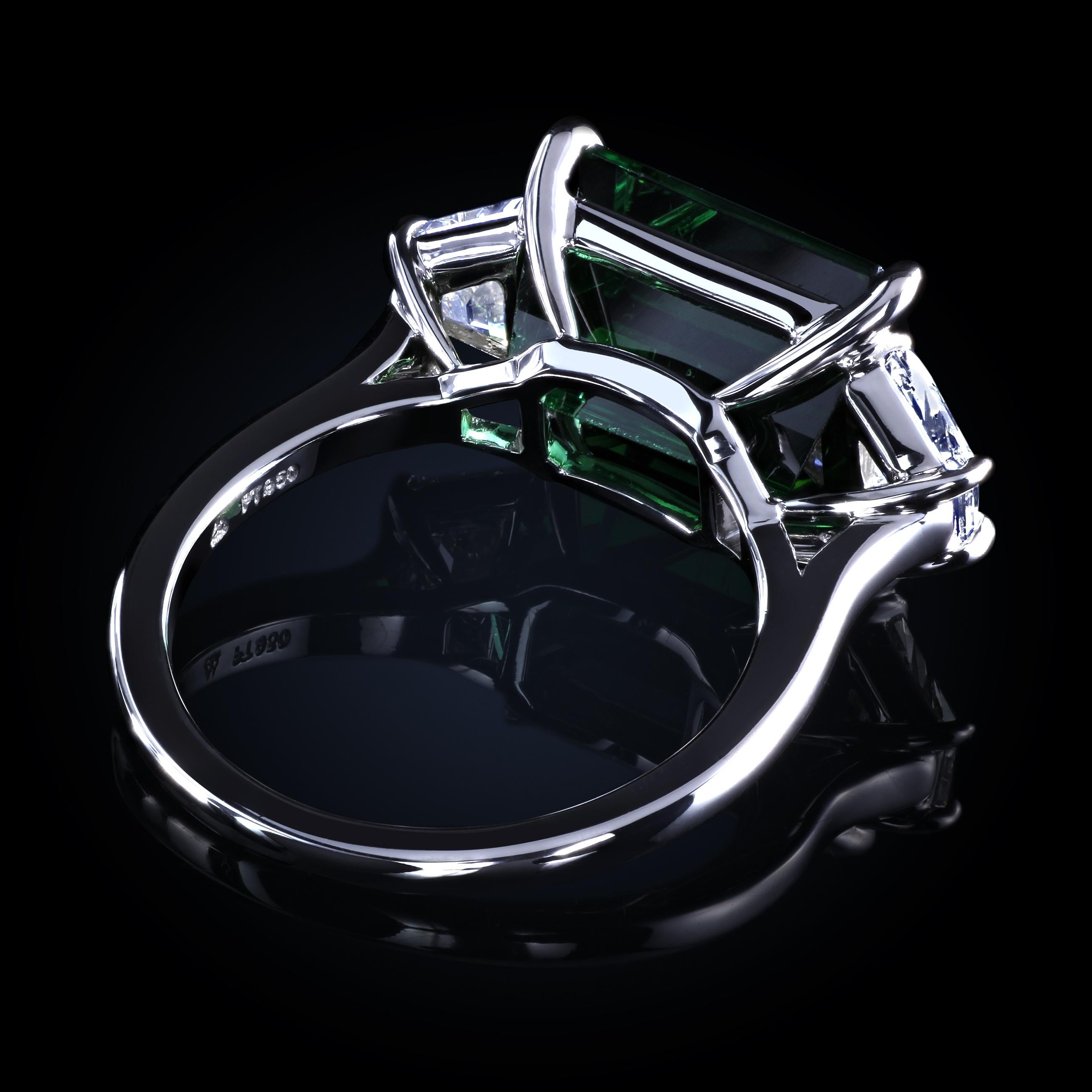 Contemporary 5.95 Carat Chrome Tourmaline Platinum East-West Three-Stone Ring with Diamonds