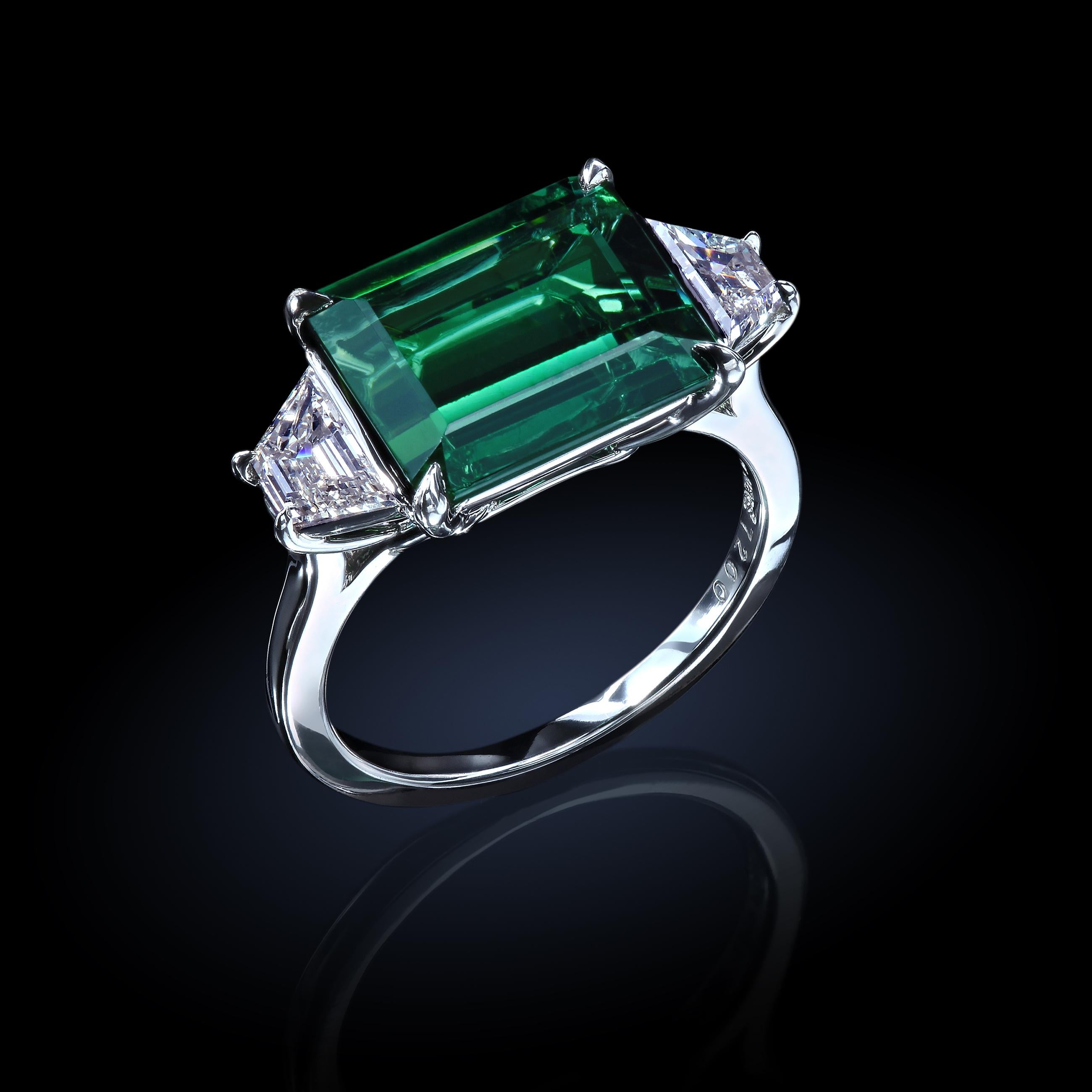 Emerald Cut 5.95 Carat Chrome Tourmaline Platinum East-West Three-Stone Ring with Diamonds