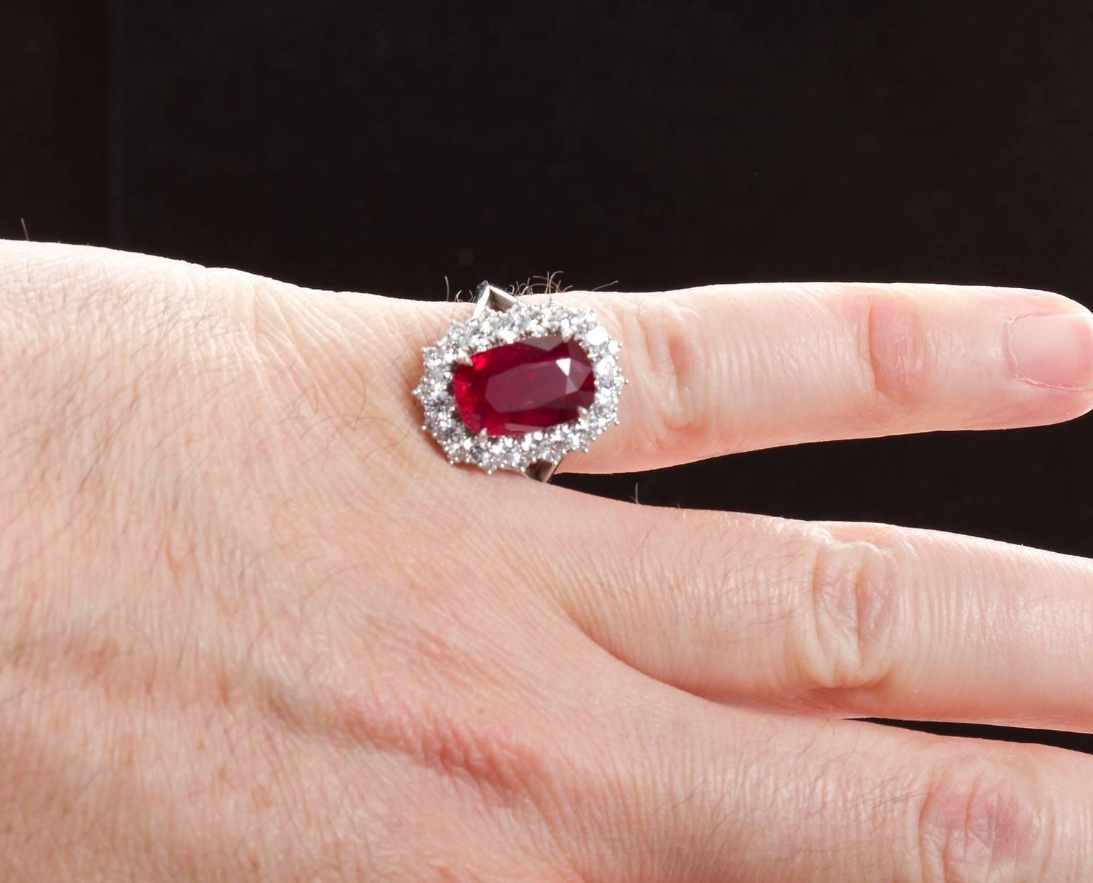 5.95 Carat Cushion Cut Pigeon Blood Ruby Ring GRS Cert 1