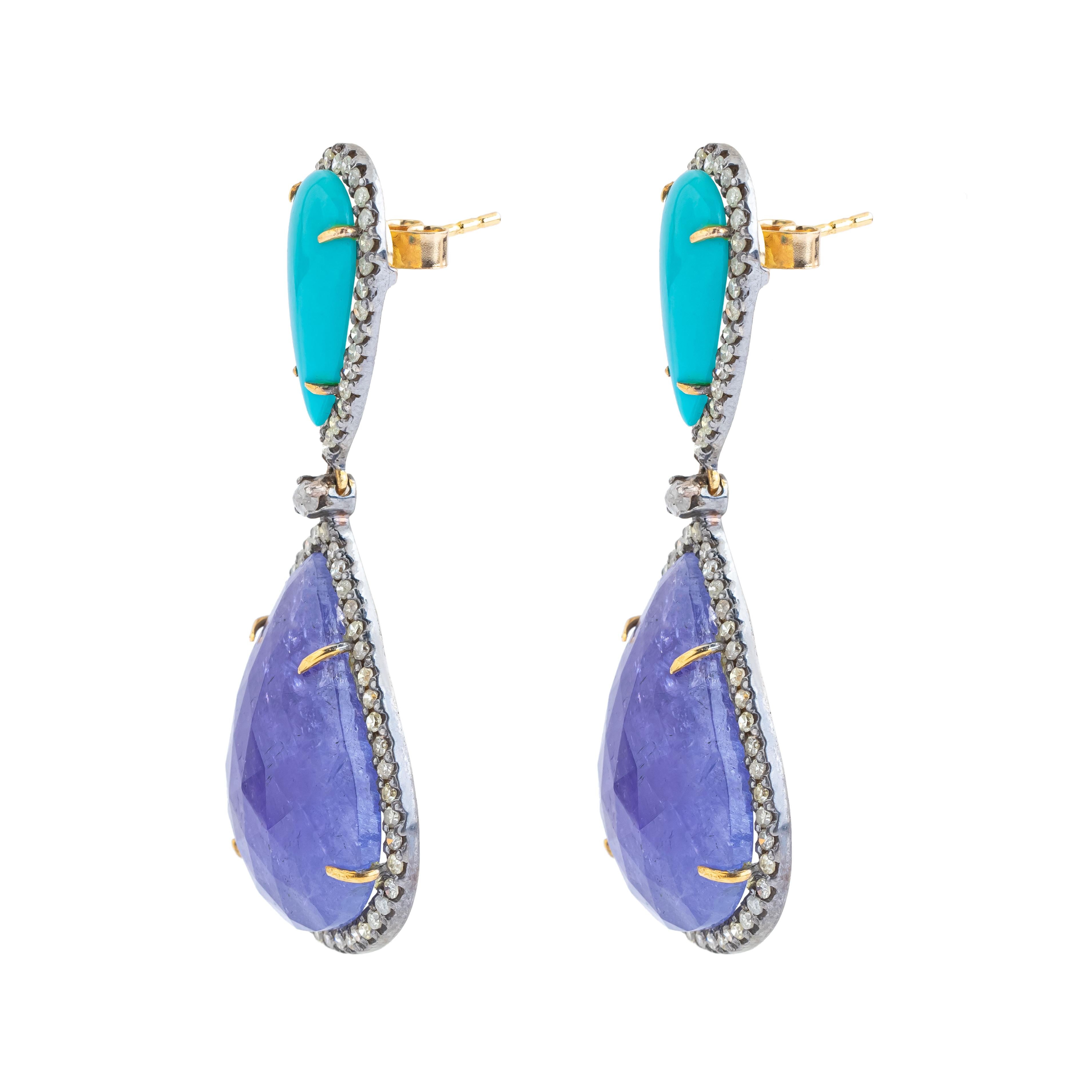 Modern 59.5 Carat Diamond, Tanzanite and Turquoise Drop Earrings For Sale