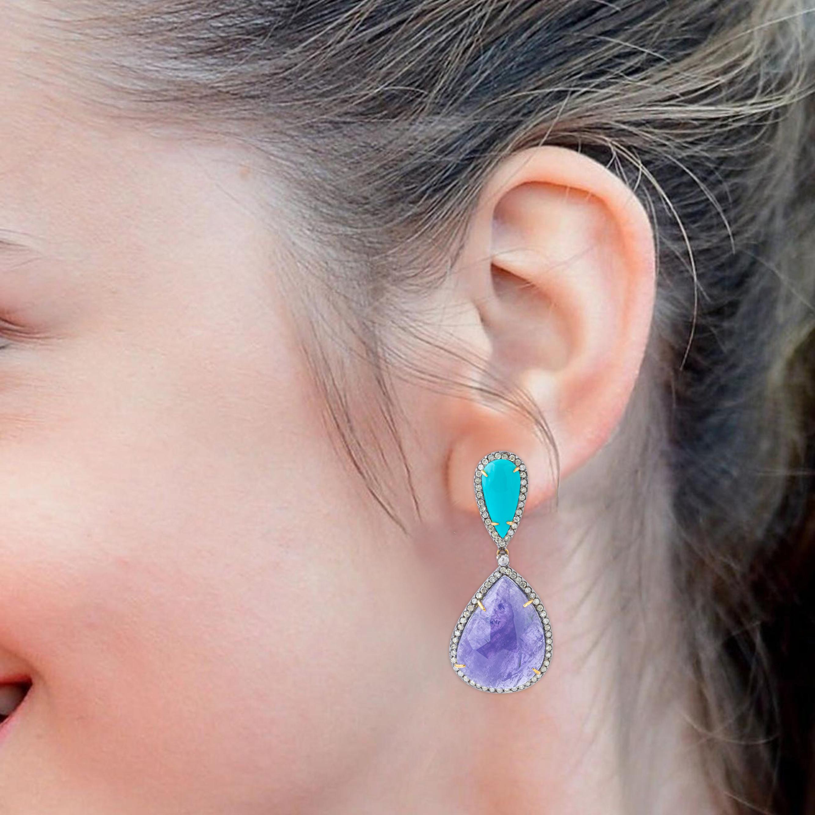 59.5 Carat Diamond, Tanzanite and Turquoise Drop Earrings In New Condition For Sale In Jaipur, IN