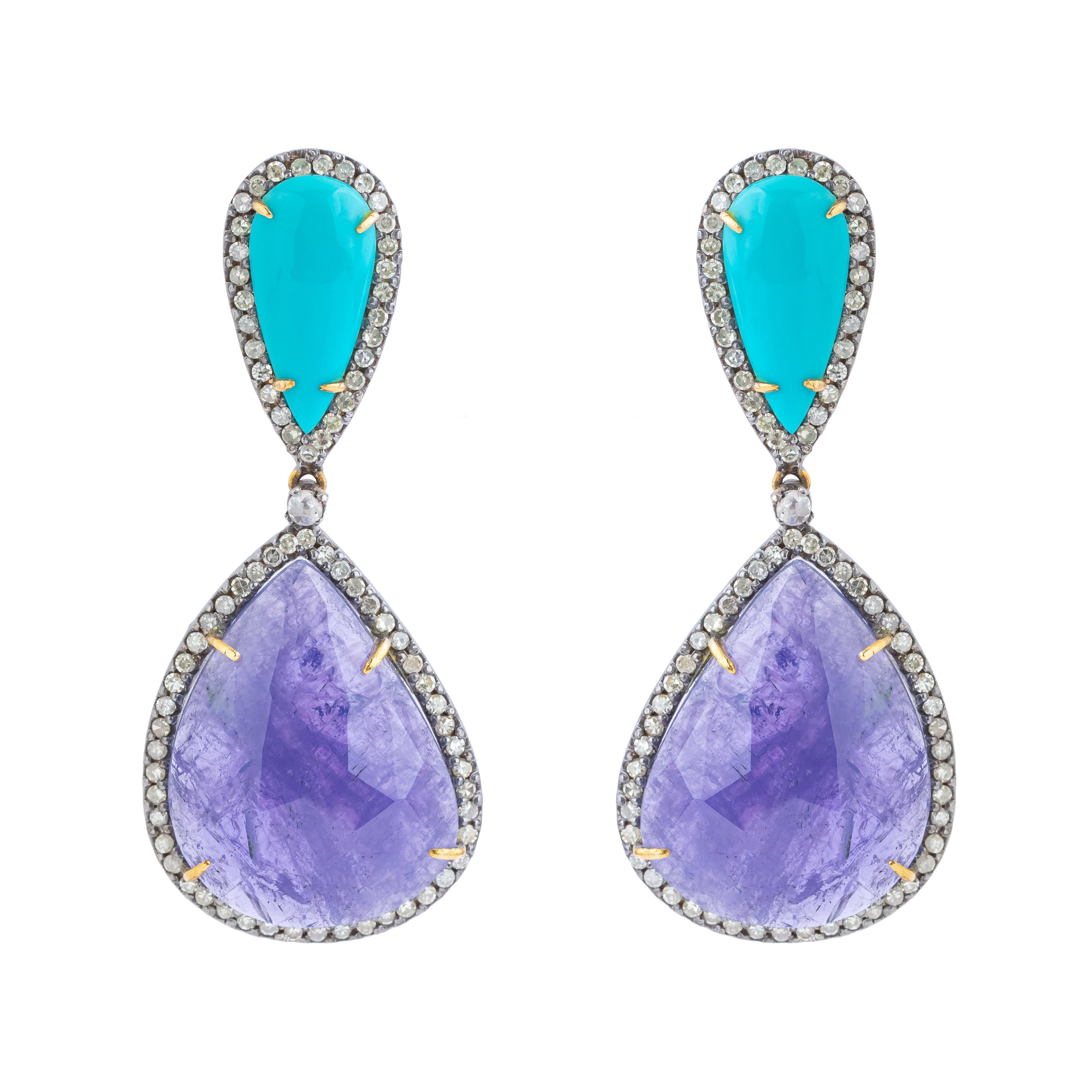 Women's 59.5 Carat Diamond, Tanzanite and Turquoise Drop Earrings For Sale