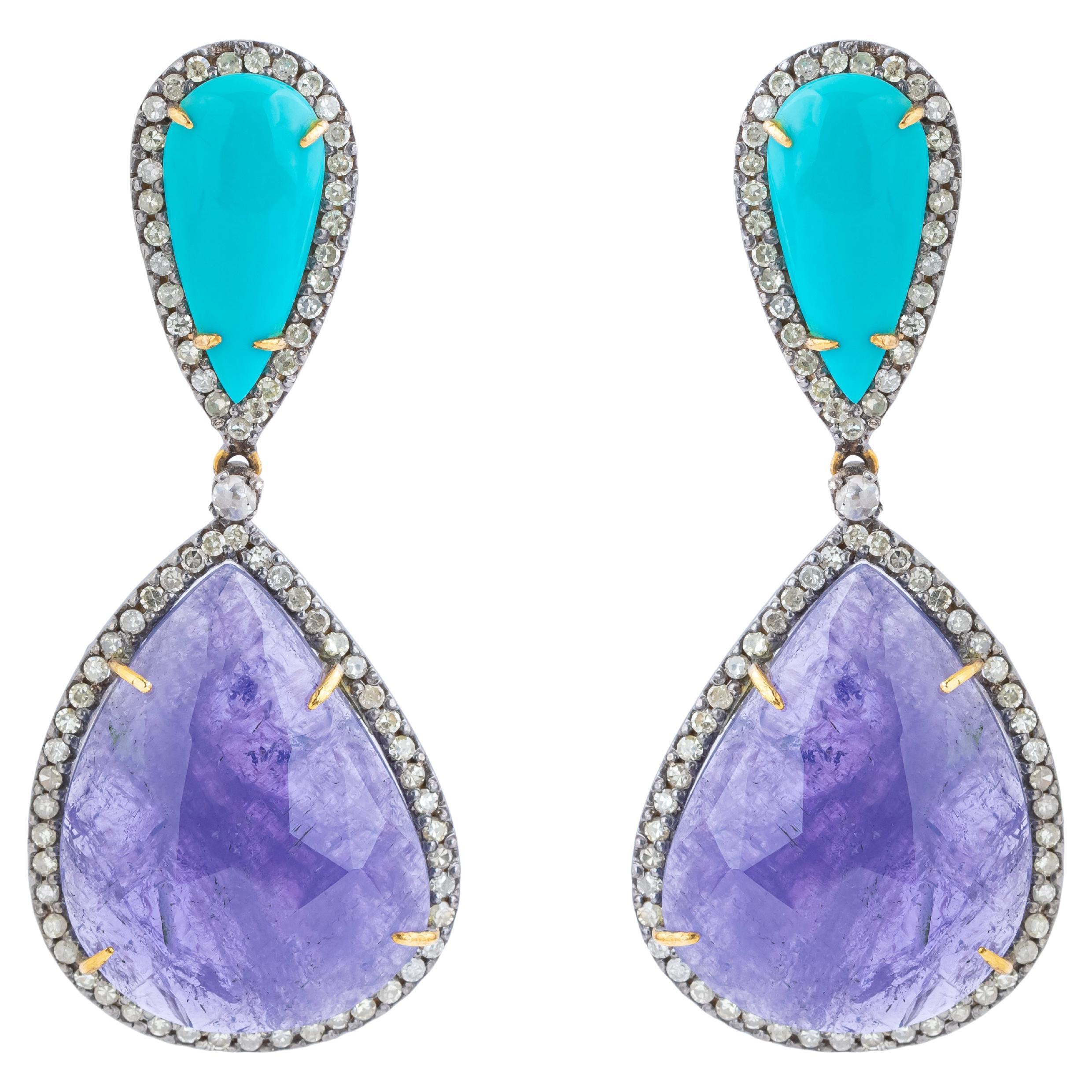 59.5 Carat Diamond, Tanzanite and Turquoise Drop Earrings