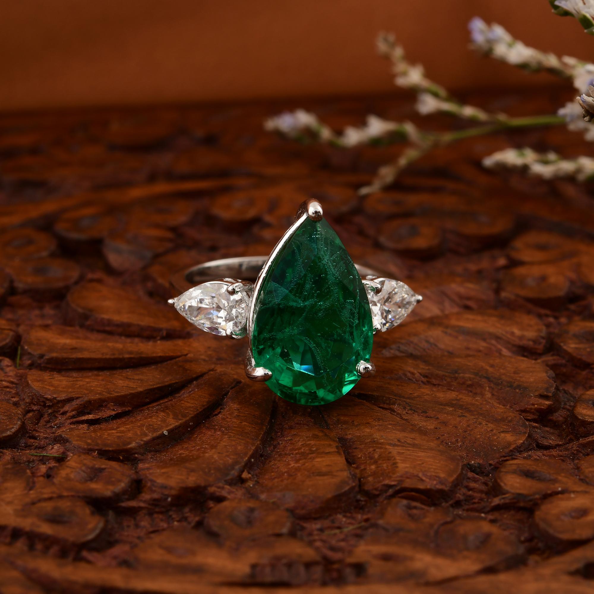 Pear Cut 5.95 Carat Green Gemstone Cocktail Ring 1.08 Ct SI/H Pear Diamond 14k White Gold For Sale