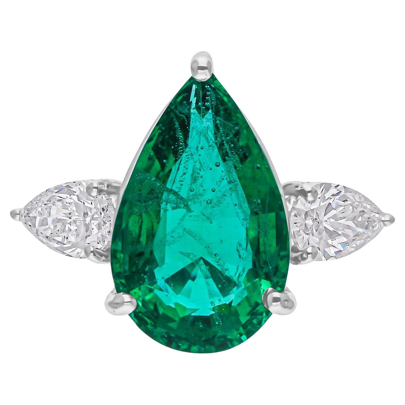 5,95 Karat Grüner Edelstein Cocktail Ring 1,08 Ct SI/H Birne Diamant 18k Weißgold