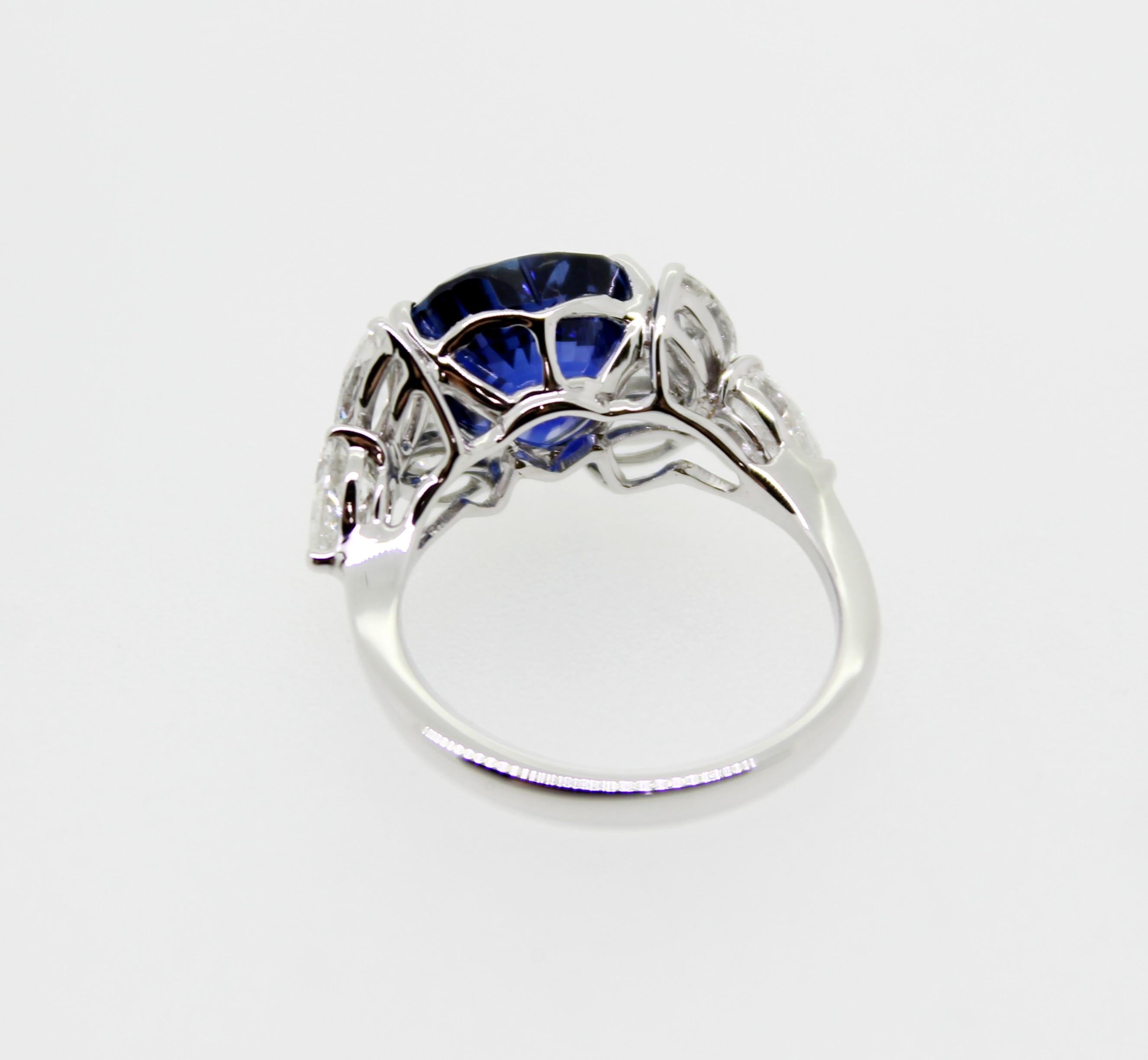 Women's 5.95 Carat Heart Shape Sapphire and White Marquise Diamond Cocktail Ring For Sale