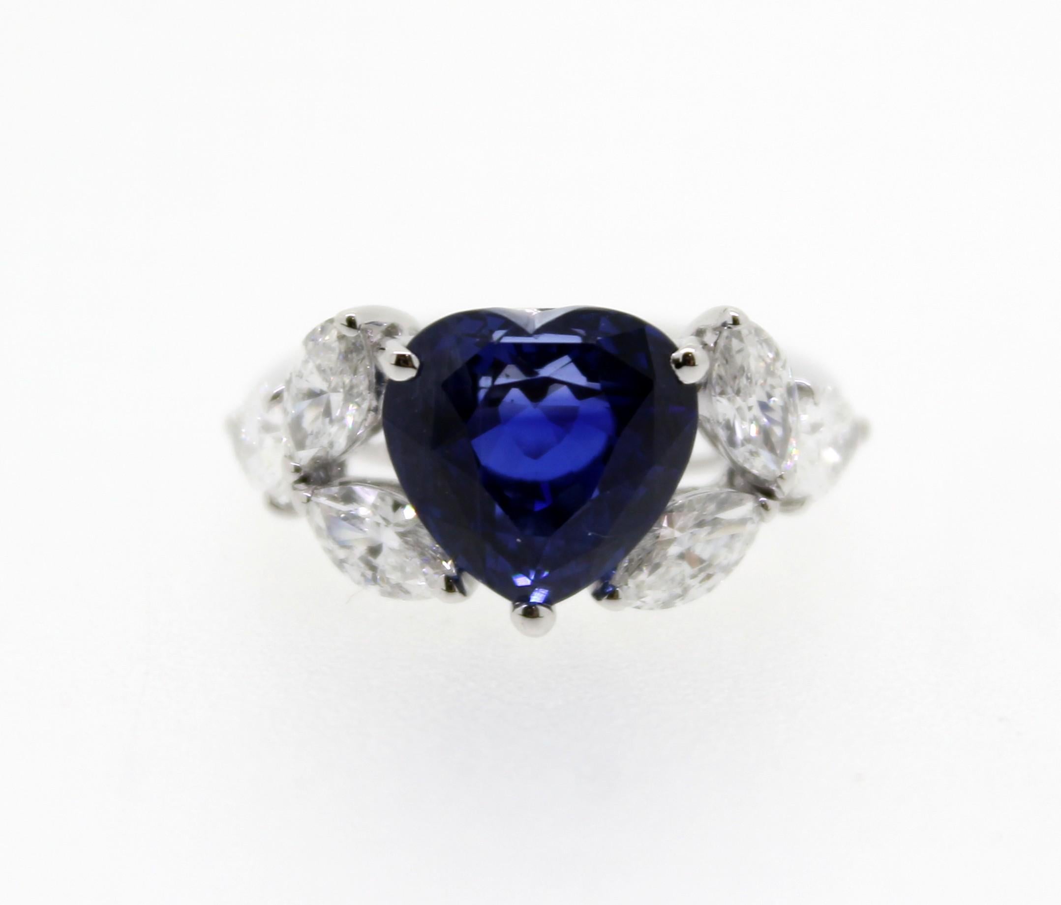 5.95 Carat Heart Shape Sapphire and White Marquise Diamond Cocktail Ring For Sale 1