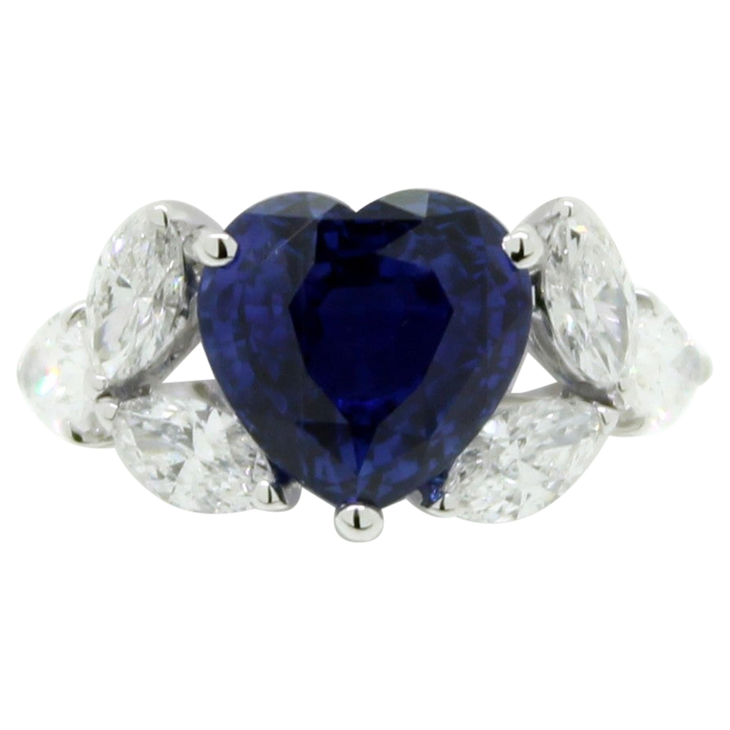 5.95 Carat Heart Shape Sapphire and White Marquise Diamond Cocktail Ring For Sale