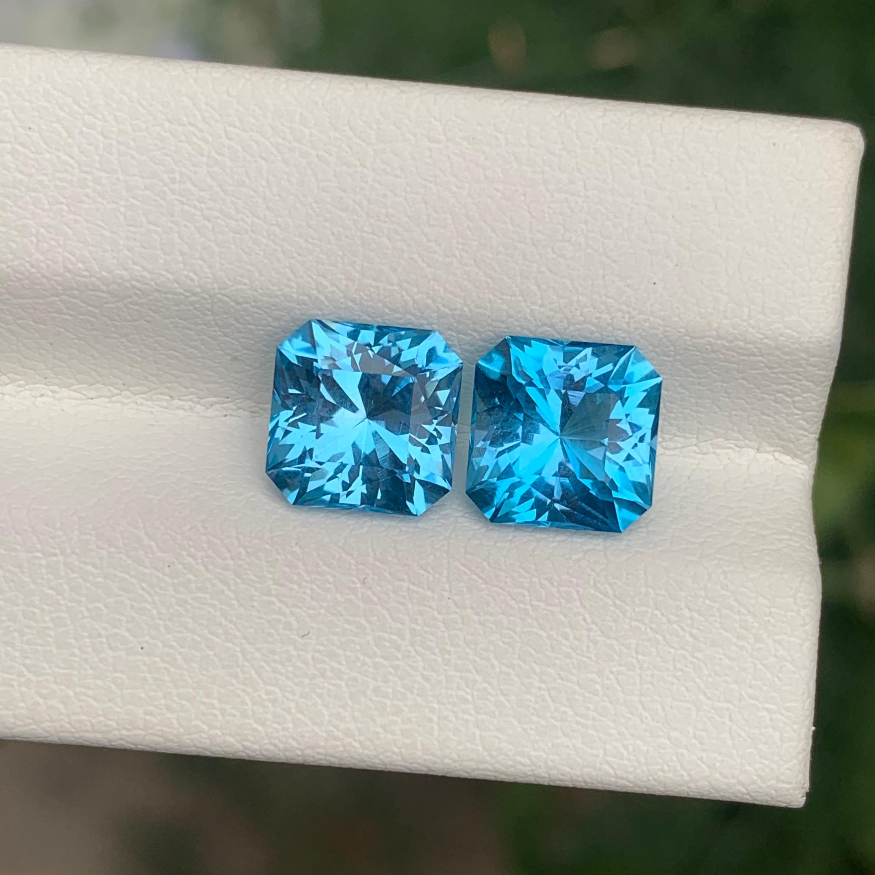 5.95 Carat Incredible Loose Swiss Blue Topaz Pair Square Shape Gemstone For Sale 4
