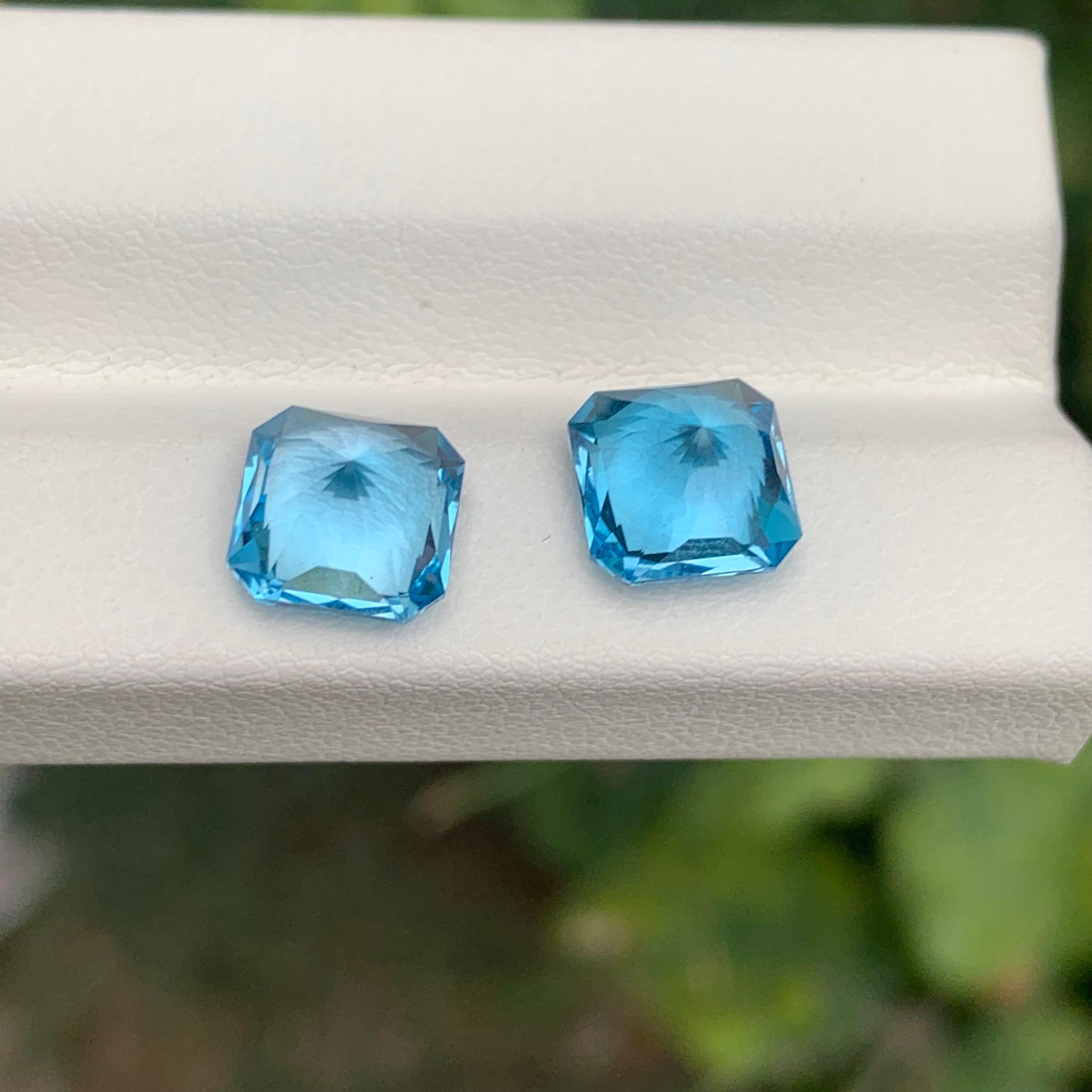 5.95 Carat Incredible Loose Swiss Blue Topaz Pair Square Shape Gemstone For Sale 2