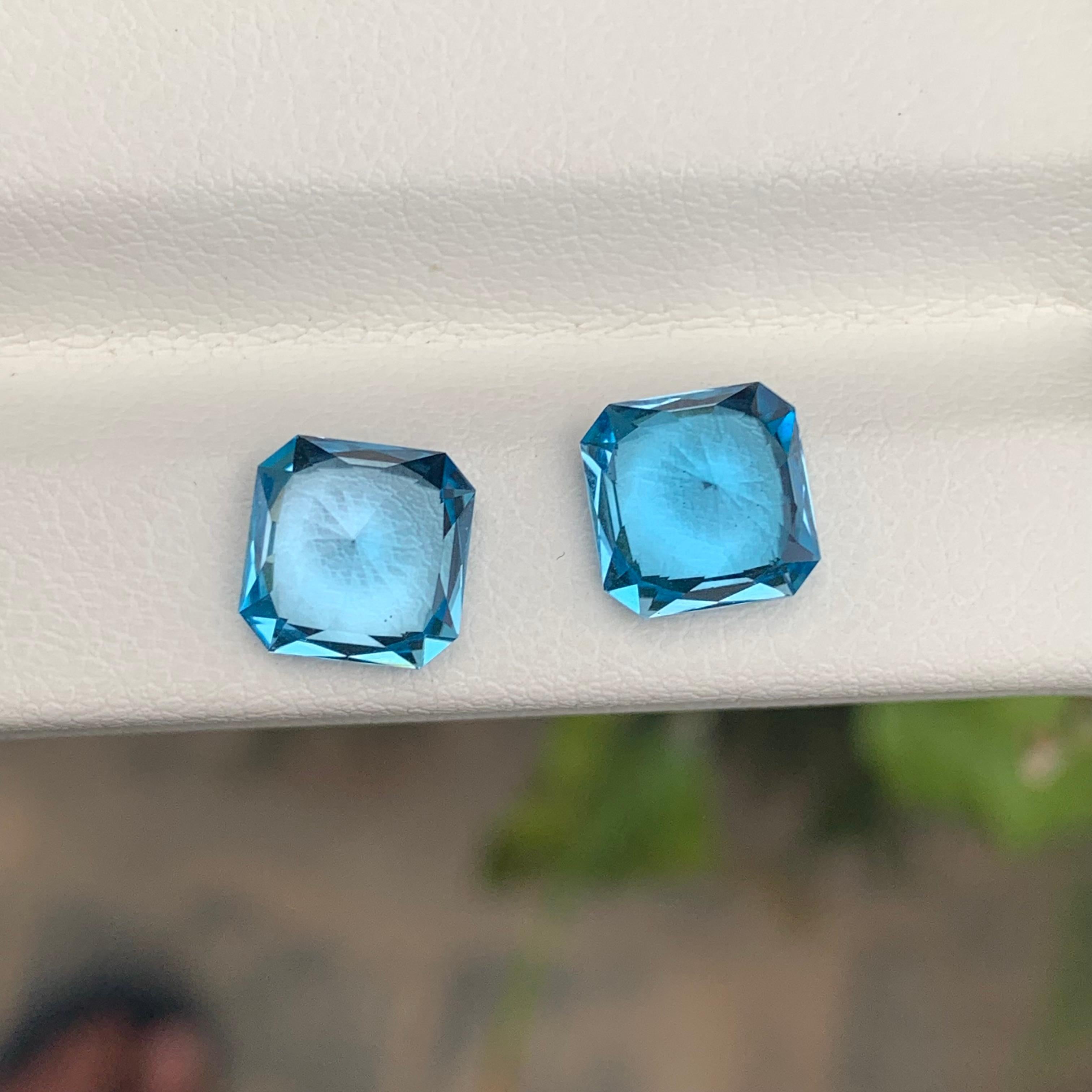 5.95 Carat Incredible Loose Swiss Blue Topaz Pair Square Shape Gemstone For Sale 3