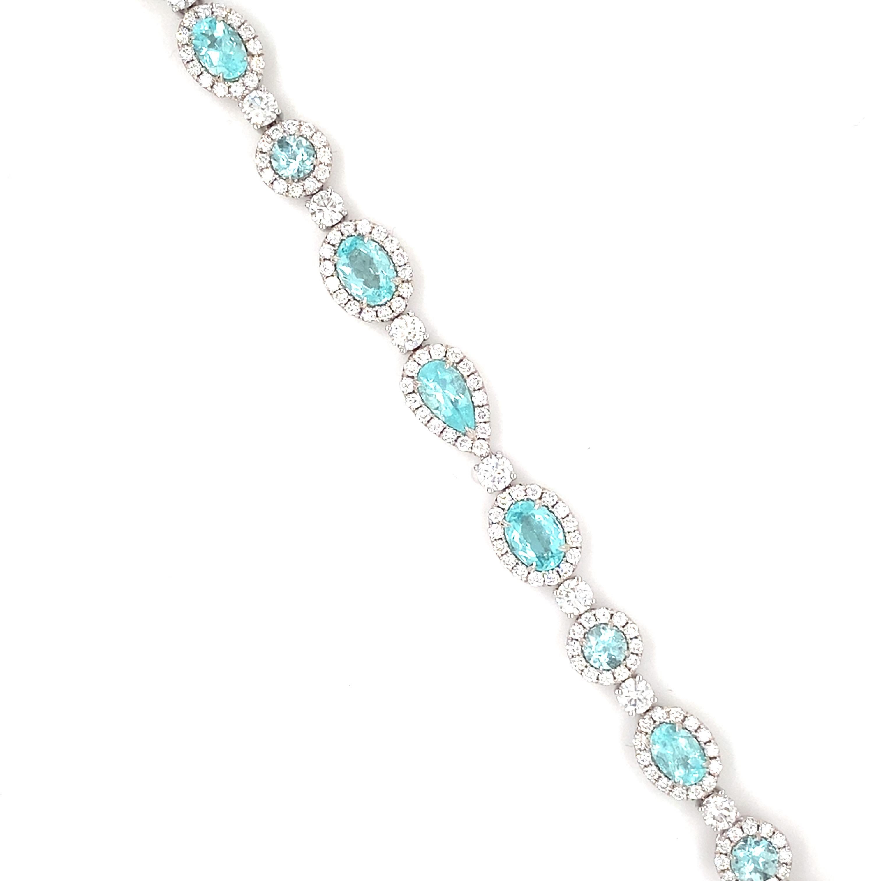 Artisan 5.95 Carat Mix Cut Paraiba Tourmaline Diamond White Gold Bracelet For Sale