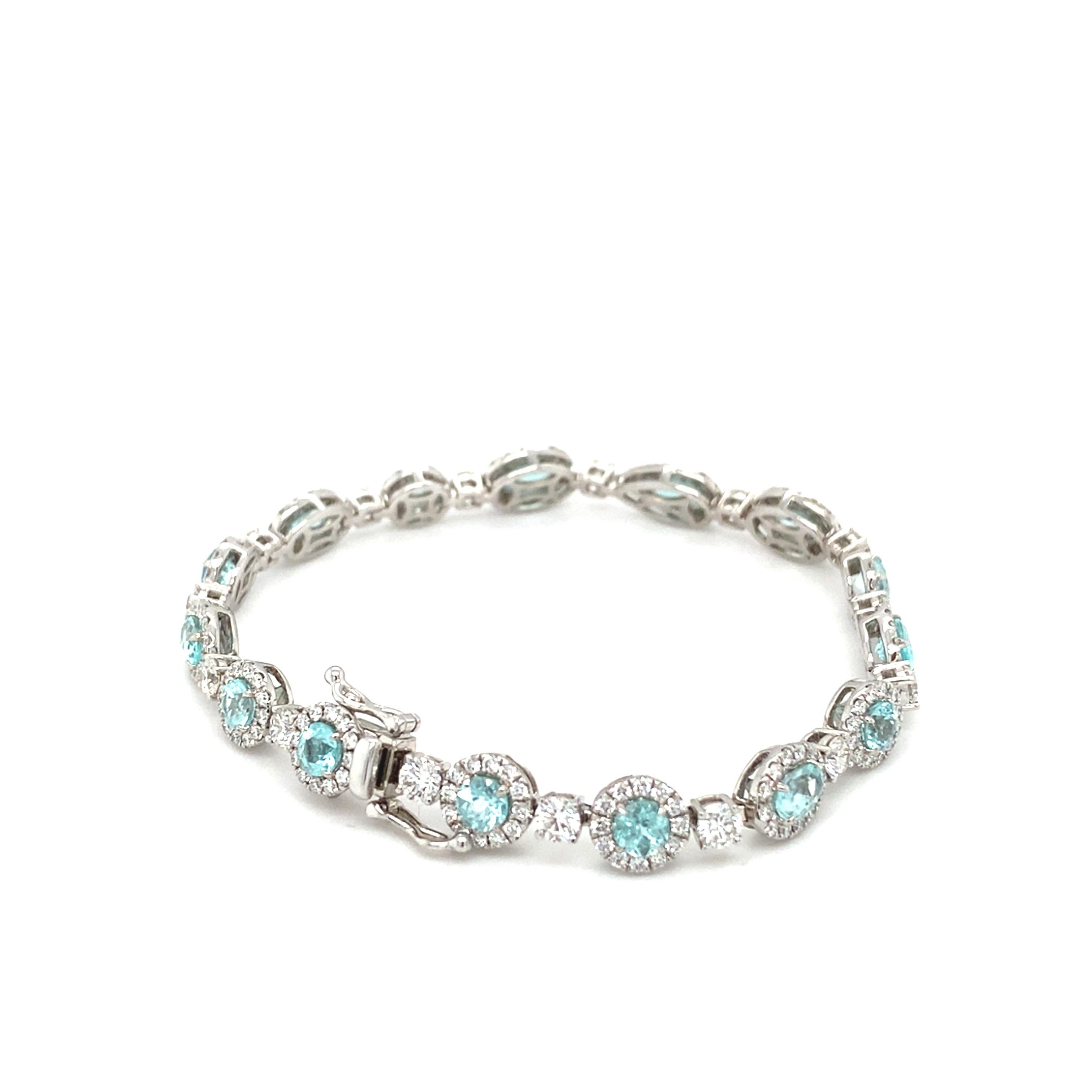 Mixed Cut 5.95 Carat Mix Cut Paraiba Tourmaline Diamond White Gold Bracelet For Sale