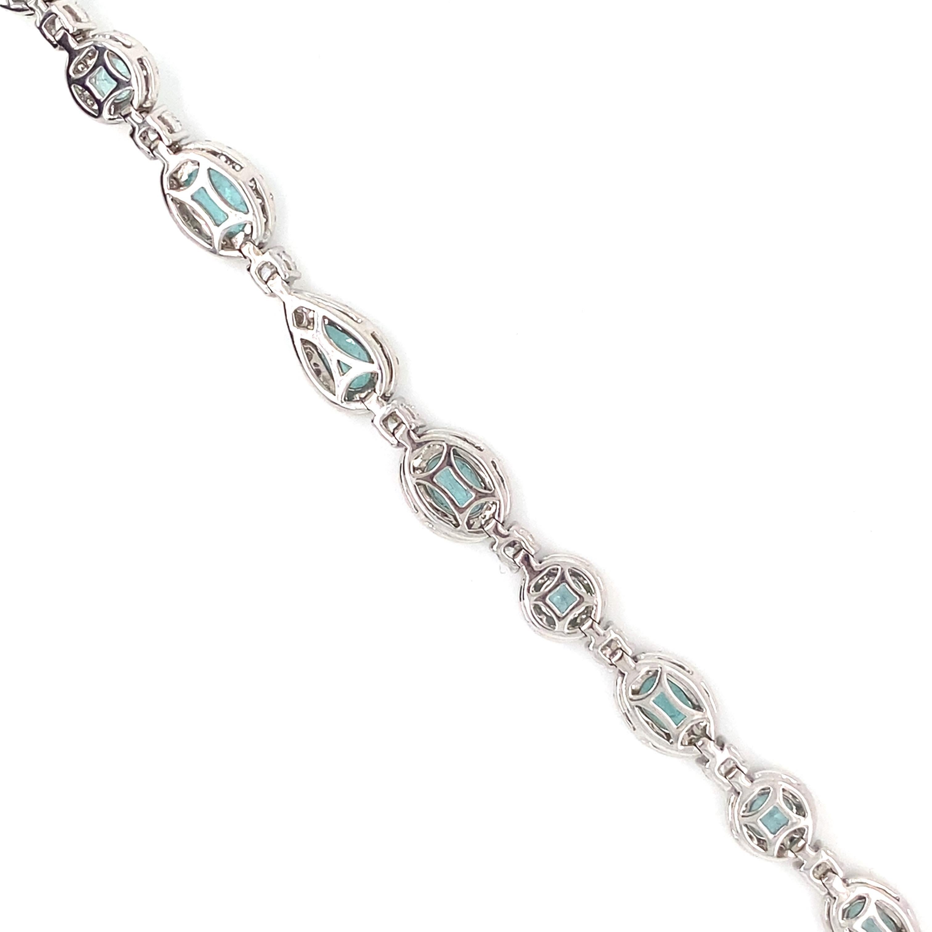 Women's 5.95 Carat Mix Cut Paraiba Tourmaline Diamond White Gold Bracelet For Sale