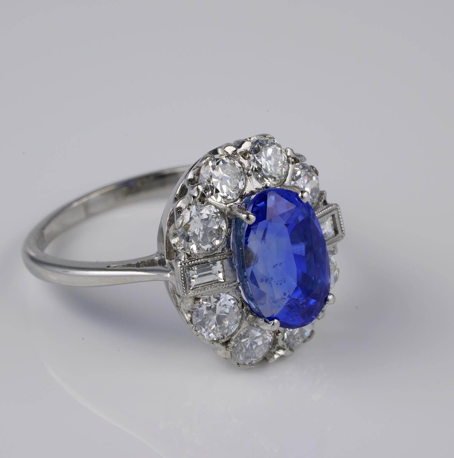 Art Deco  5.95 Carat Certified No Heat Ceylon Sapphire 2.0 Carat Diamond Plat Ring