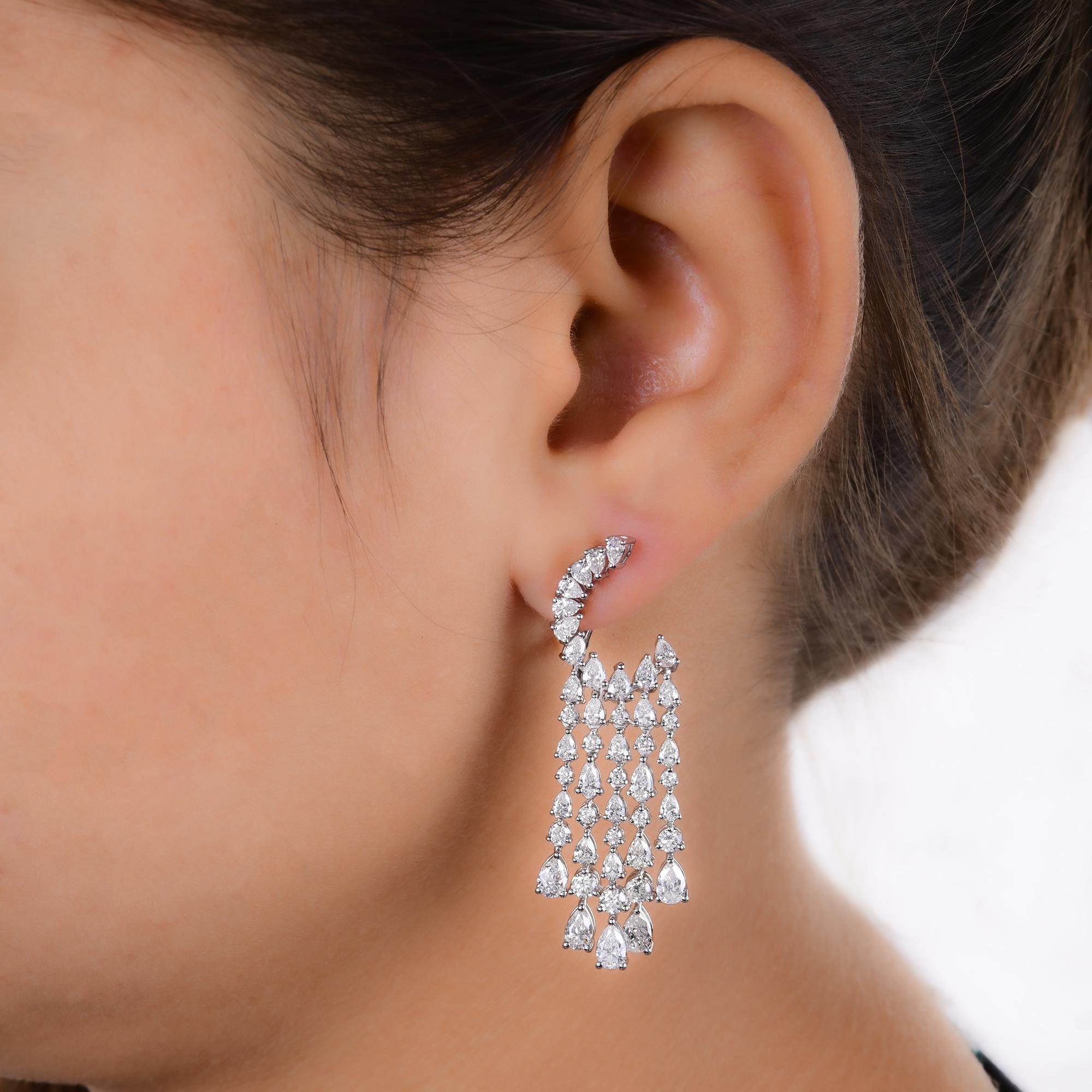Modern 5.95 Carat Pear & Round Diamond Chandelier Earrings 14 Karat White Gold Jewelry For Sale