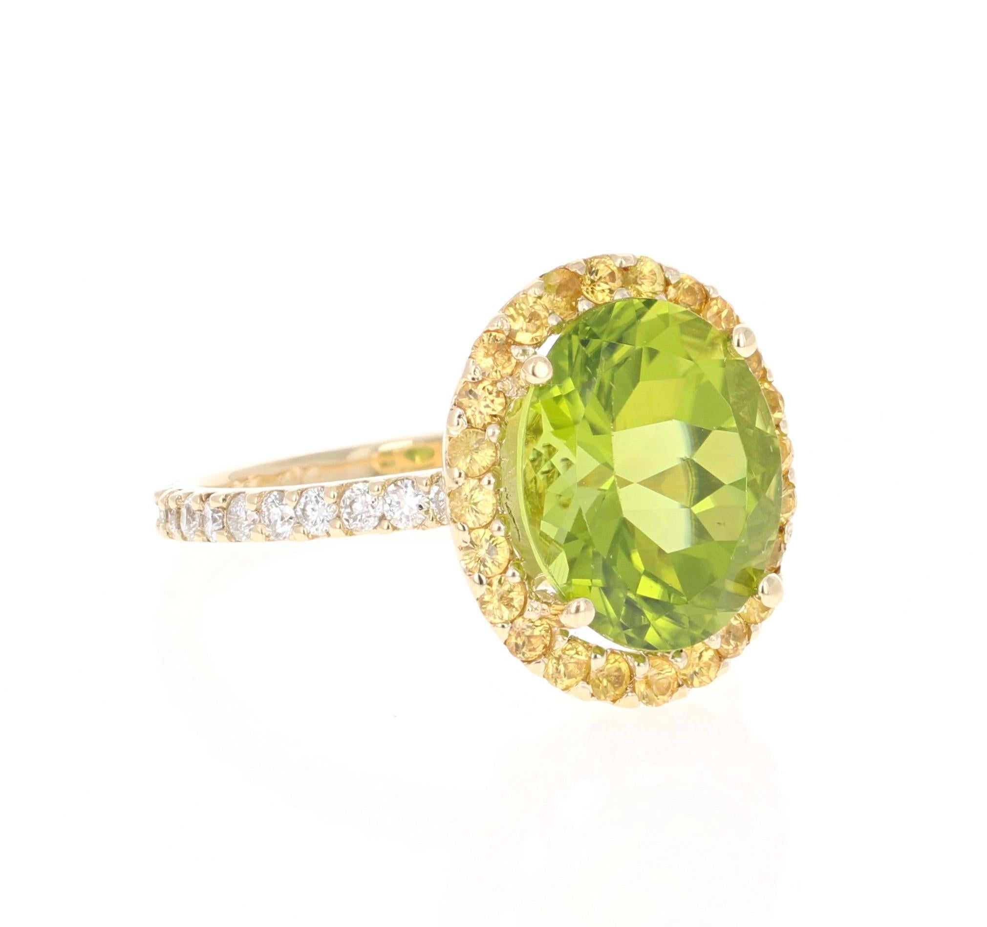 This beauty has a Oval Cut Peridot that weighs 4.93 Carats and is surrounded by a halo of 24 Yellow Sapphires that weigh 0.56 Carats. Furthermore the shank of the ring has 24 Round Cut Diamonds that weigh 0.46 Carats. The total carat weight of this