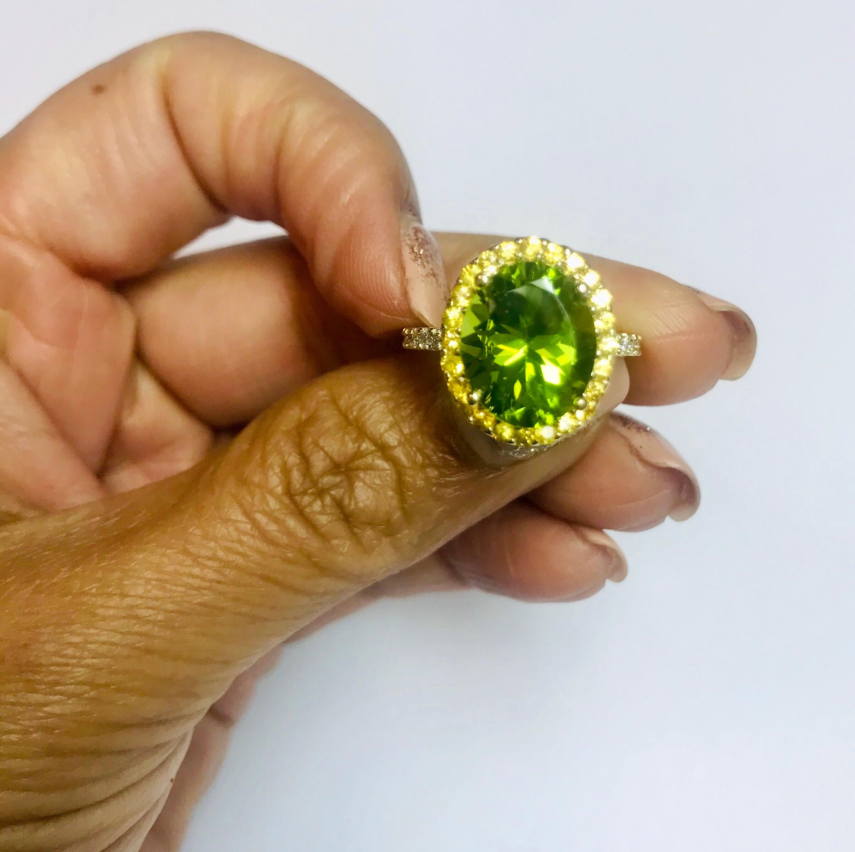 Oval Cut 5.95 Carat Peridot Diamond 14 Karat Yellow Gold Engagement Ring