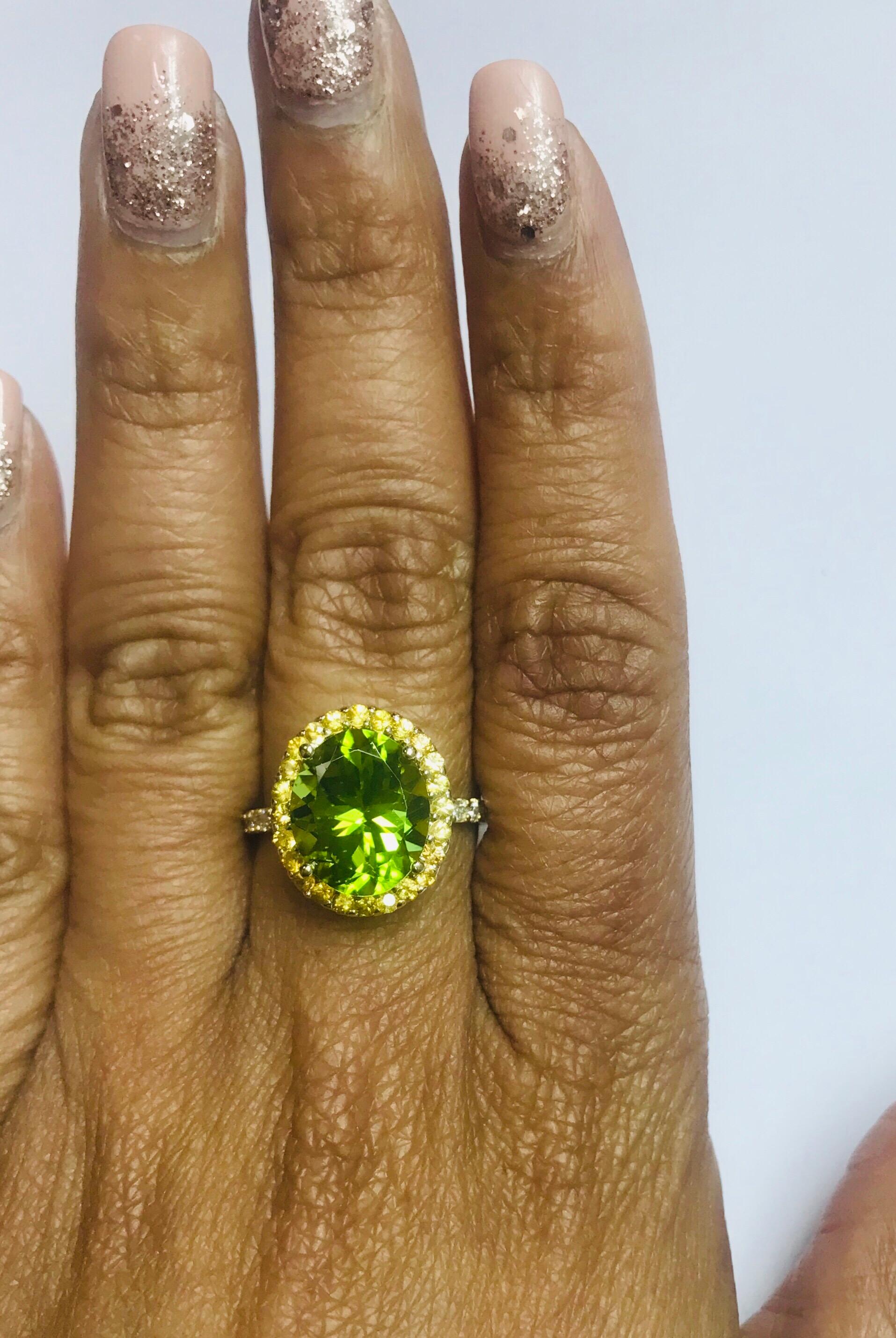 Women's 5.95 Carat Peridot Diamond 14 Karat Yellow Gold Engagement Ring