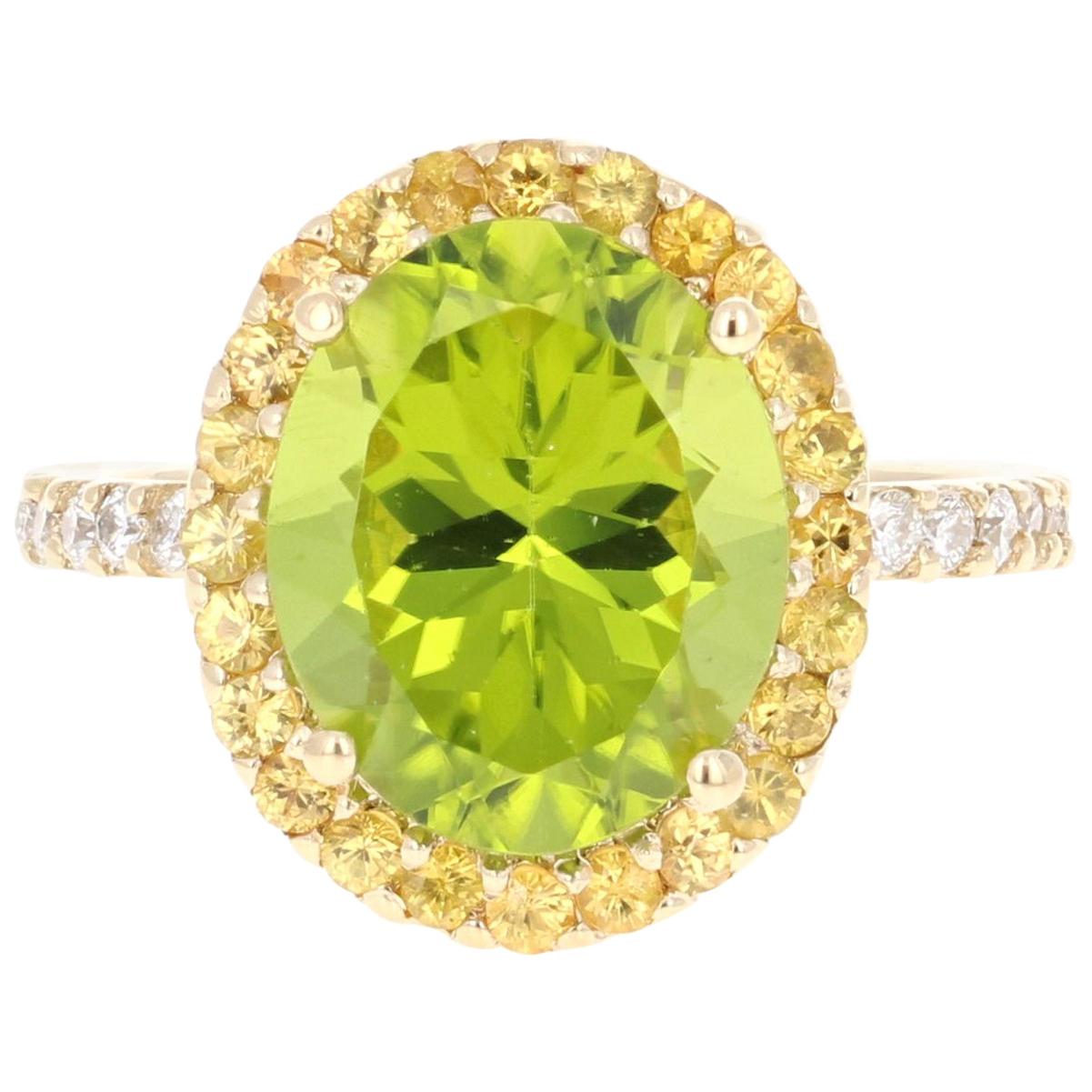 5.95 Carat Peridot Diamond 14 Karat Yellow Gold Engagement Ring