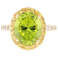 5.95 Carat Peridot Diamond 14 Karat Yellow Gold Engagement Ring