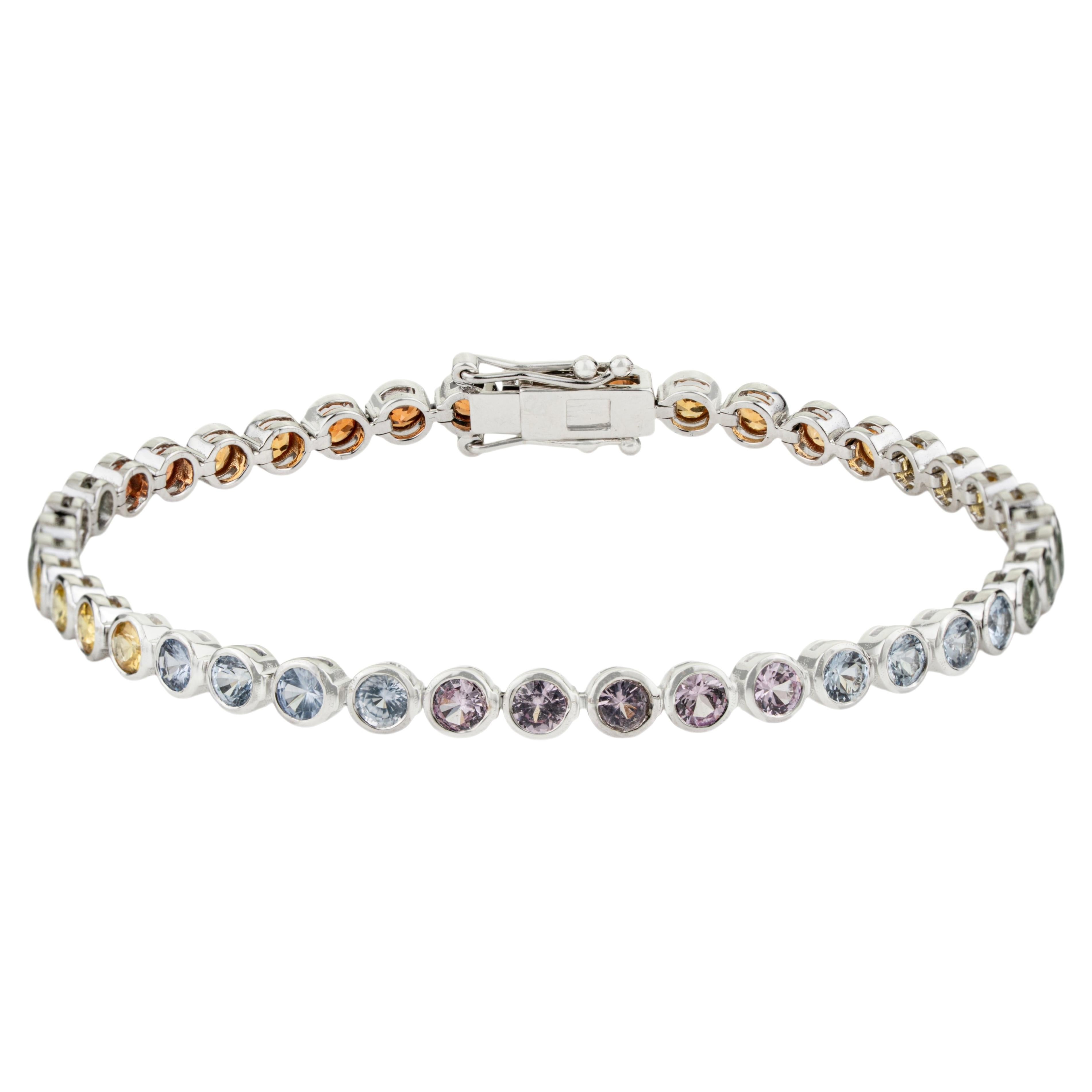 5.95 Carat Rainbow Sapphire Bezel Set Tennis Bracelet in 14K White Gold 7 Inches