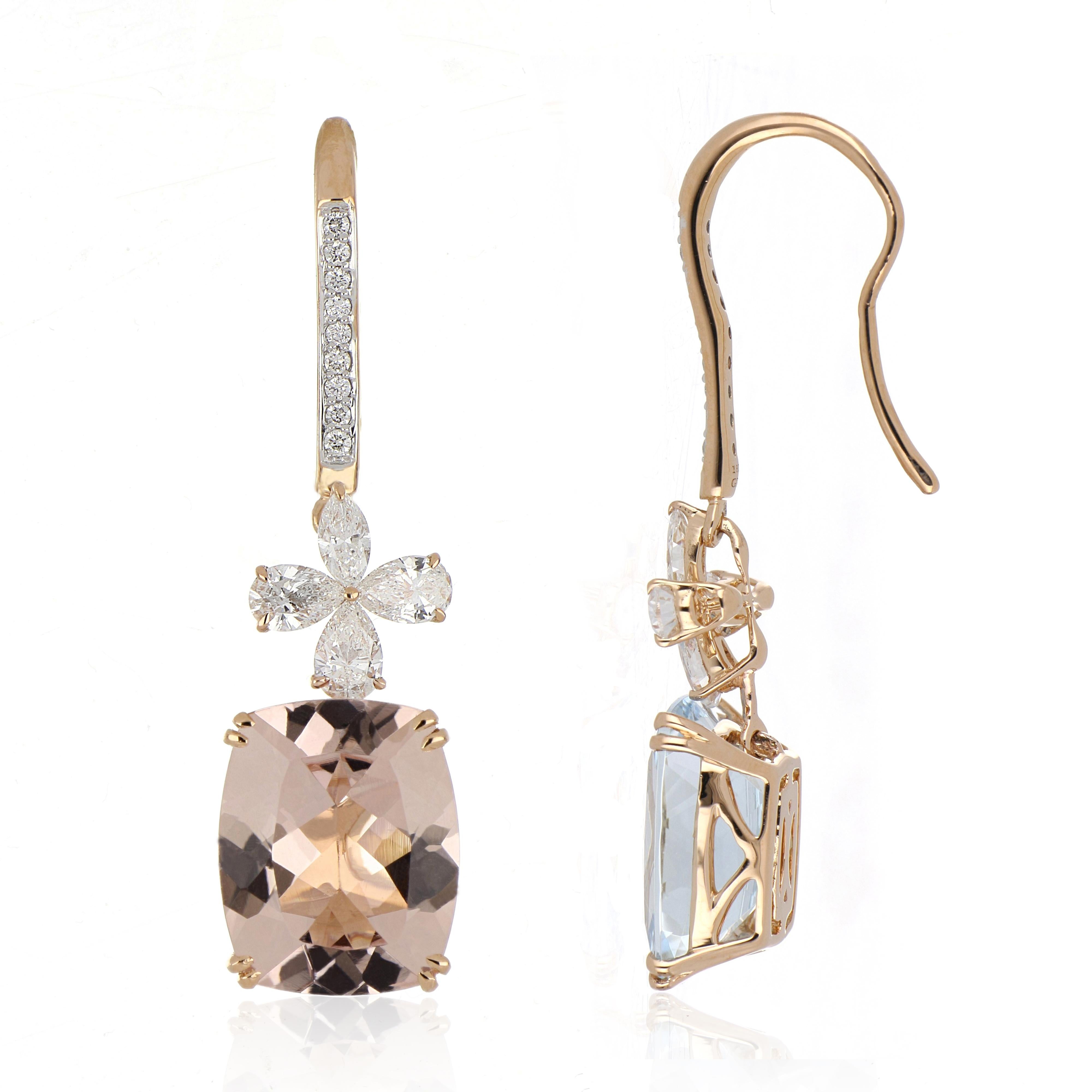 Elegant and Exquisitely detailed Dangling Gold Earrings, set with 2.82 Ct (total ) Aquamarine, 3.13 Cts (total)  Morganite, accented with Diamonds, weighing approx. 0.73 Cts. total carat weight.  Beautifully Hand crafted in 18 Karat Rose