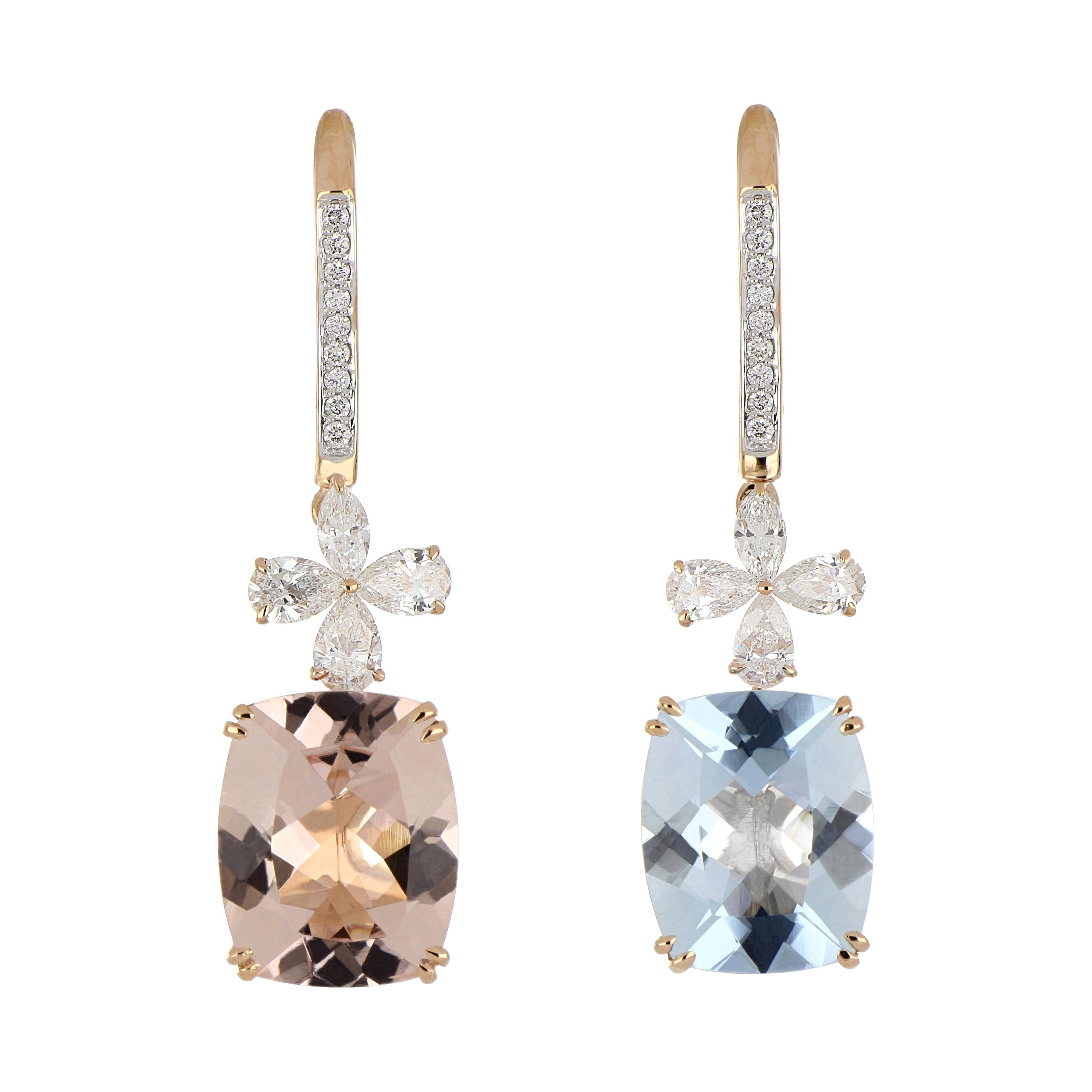5.95 Carat Total Morganite and Aquamarine Earring with Diamonds in 18 Karat Gold For Sale