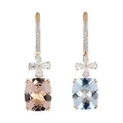 Boucles d'oreilles en or 18 carats avec aigue-marine et morganite de 5,95 carats au total et diamants