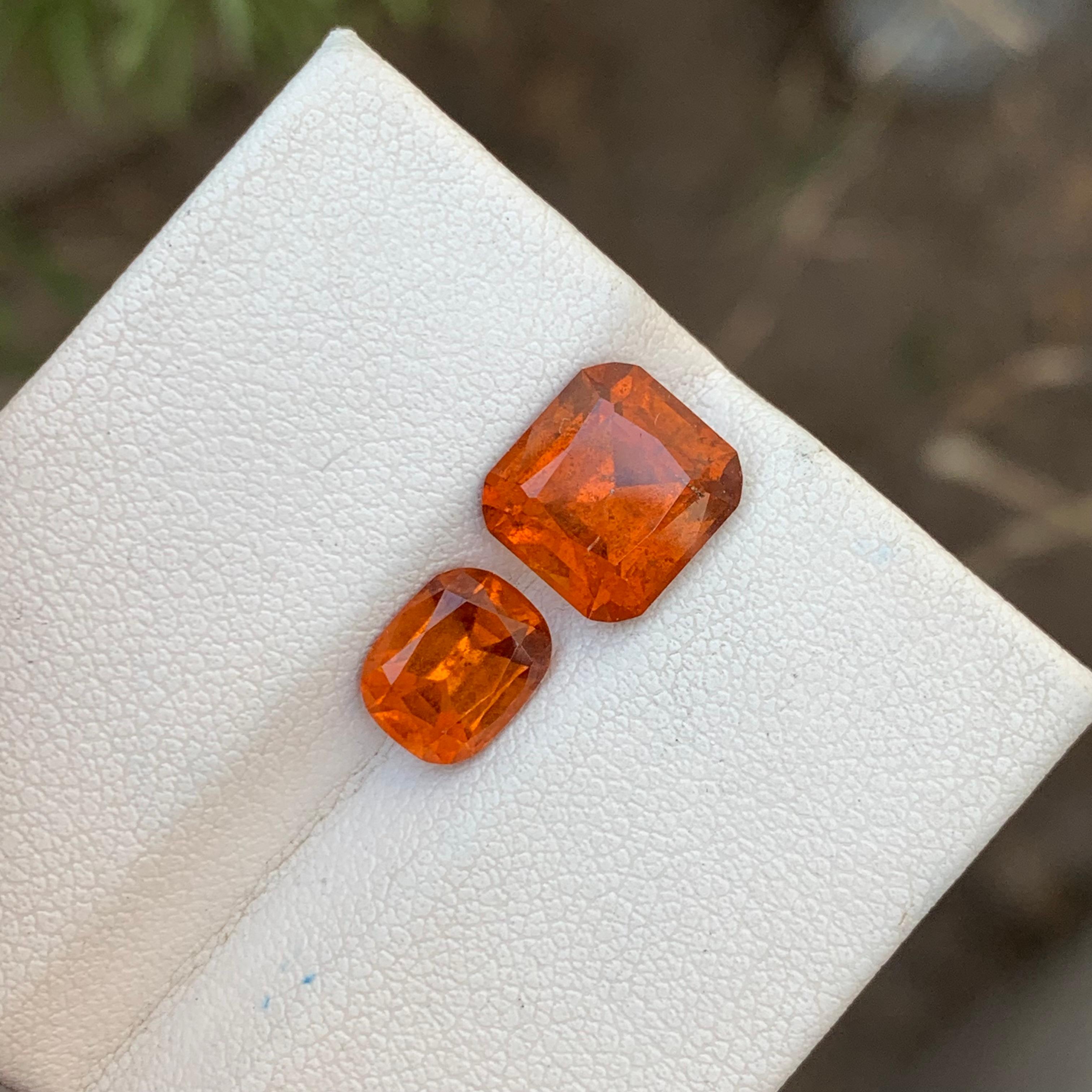 Loose Hessonite Garnet
Weight: 5.95 Carats 
Dimension: 2.0 & 3.90 Carats 
Origin: Africa
Shape: Cushion
Color: Fanta Orange
Certificate: On Demand 
Hessonite garnet, also known as 