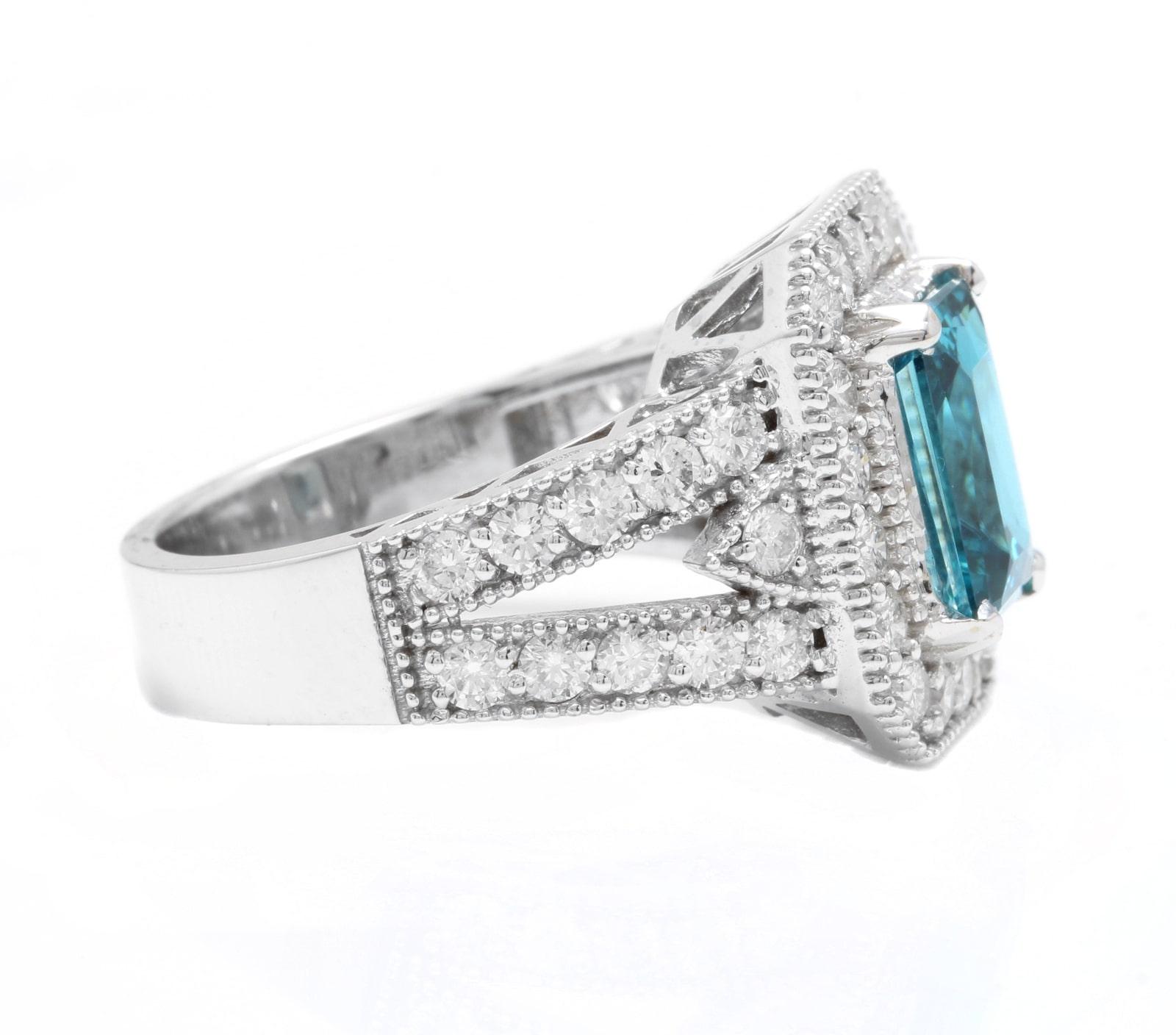 Mixed Cut 5.95 Ct Natural Nice Looking Blue Zircon and Diamond 14K Solid White Gold Ring For Sale