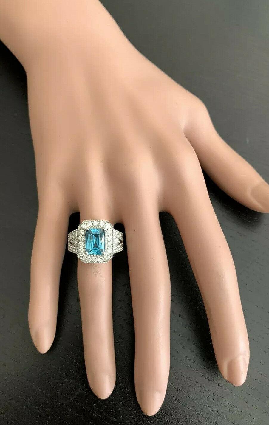 Women's 5.95 Ct Natural Nice Looking Blue Zircon and Diamond 14K Solid White Gold Ring For Sale