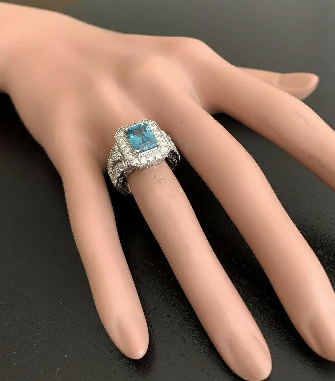 5.95 Ct Natural Nice Looking Blue Zircon and Diamond 14K Solid White Gold Ring For Sale 1