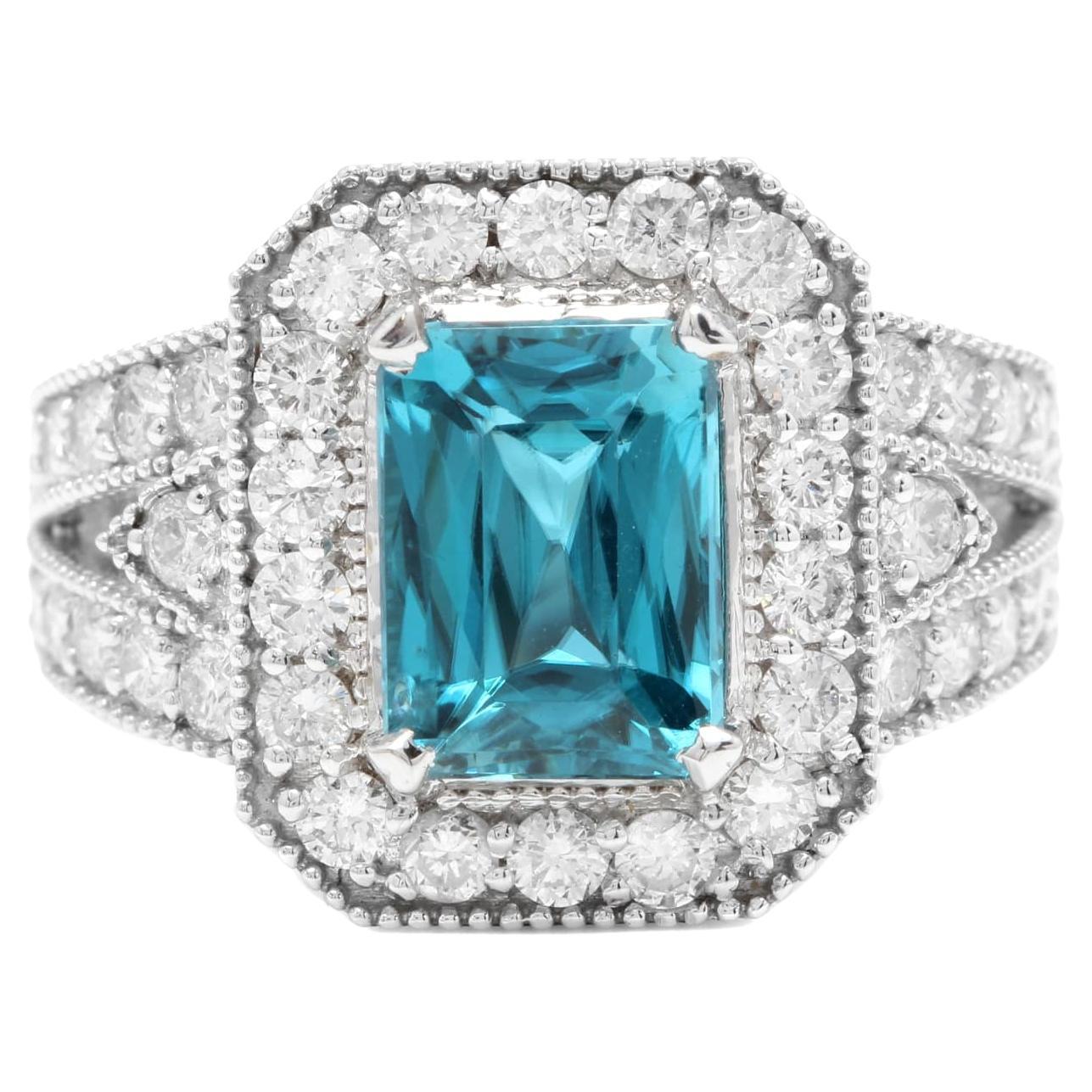 Bague en or blanc massif 14 carats avec zircon bleu naturel de 5,95 carats et diamants d'une belle apparence