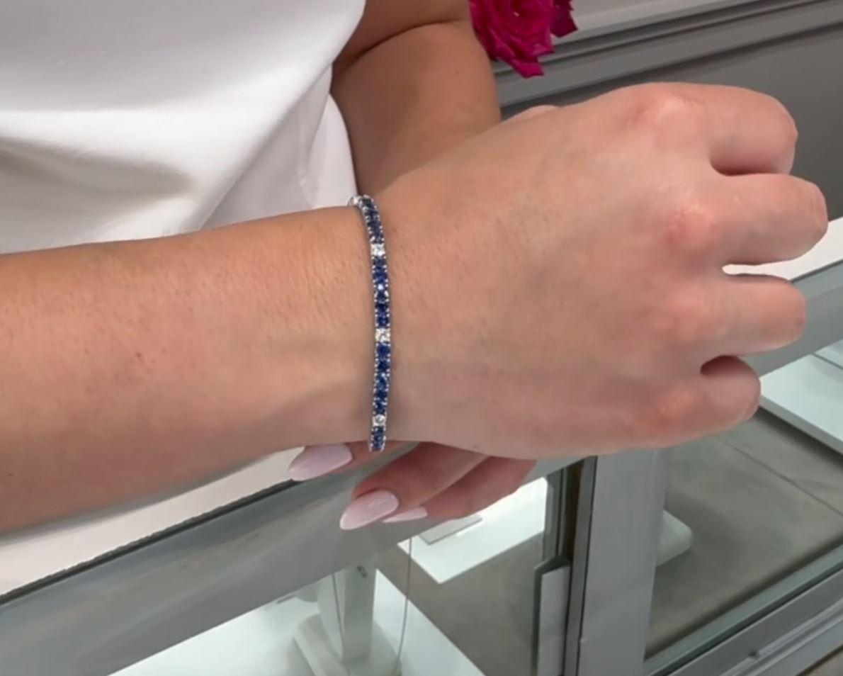 5.95 Ct Round Sapphire & 0.95 Ct Diamond Tennis Bracelet with 14K White Gold For Sale 2