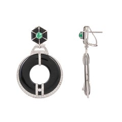 59.55 Carat Black Onyx Emerald and Diamonds 18 Karat White Gold Earring