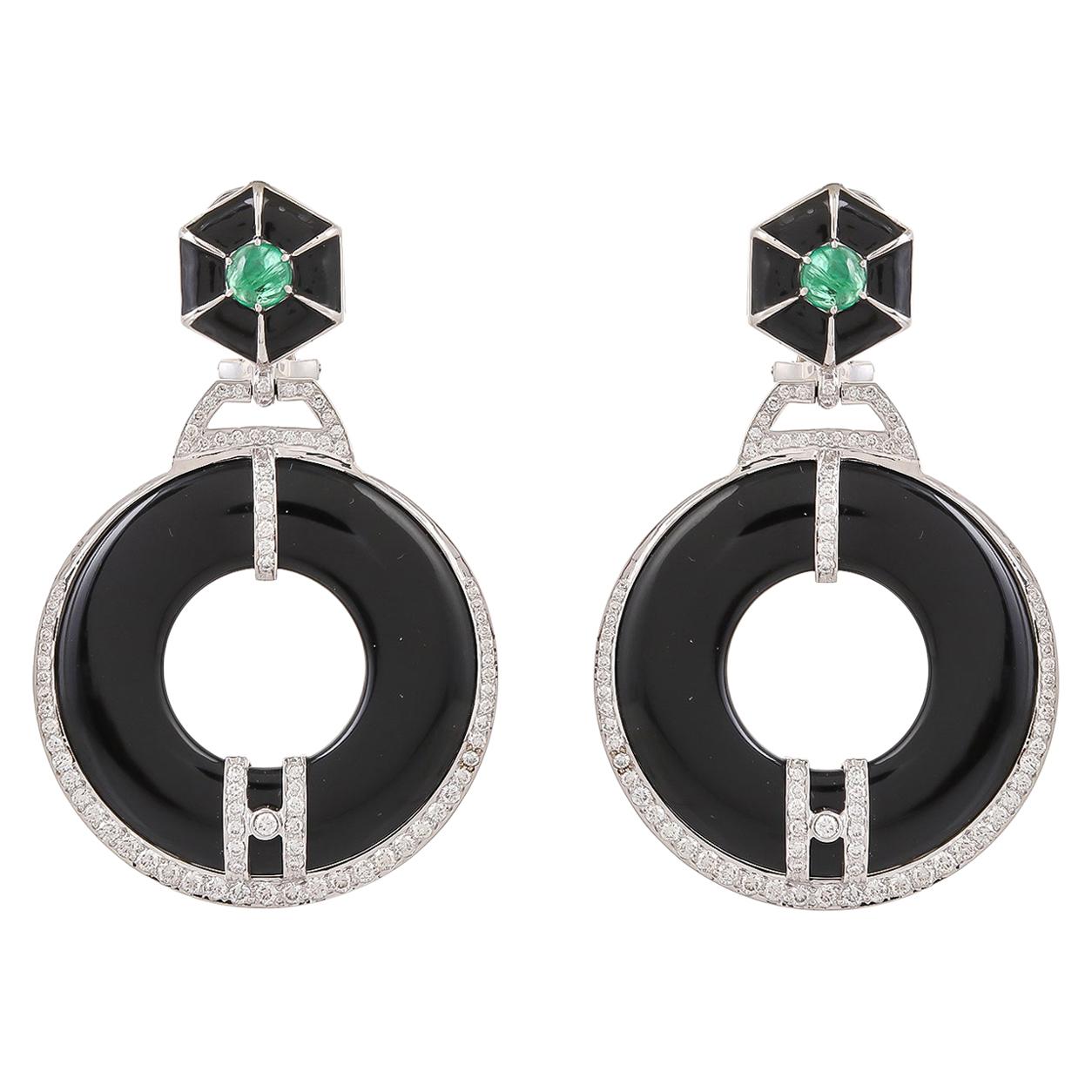 59.55 Carat Black Onyx Emerald and Diamonds 18 Karat White Gold Earring For Sale