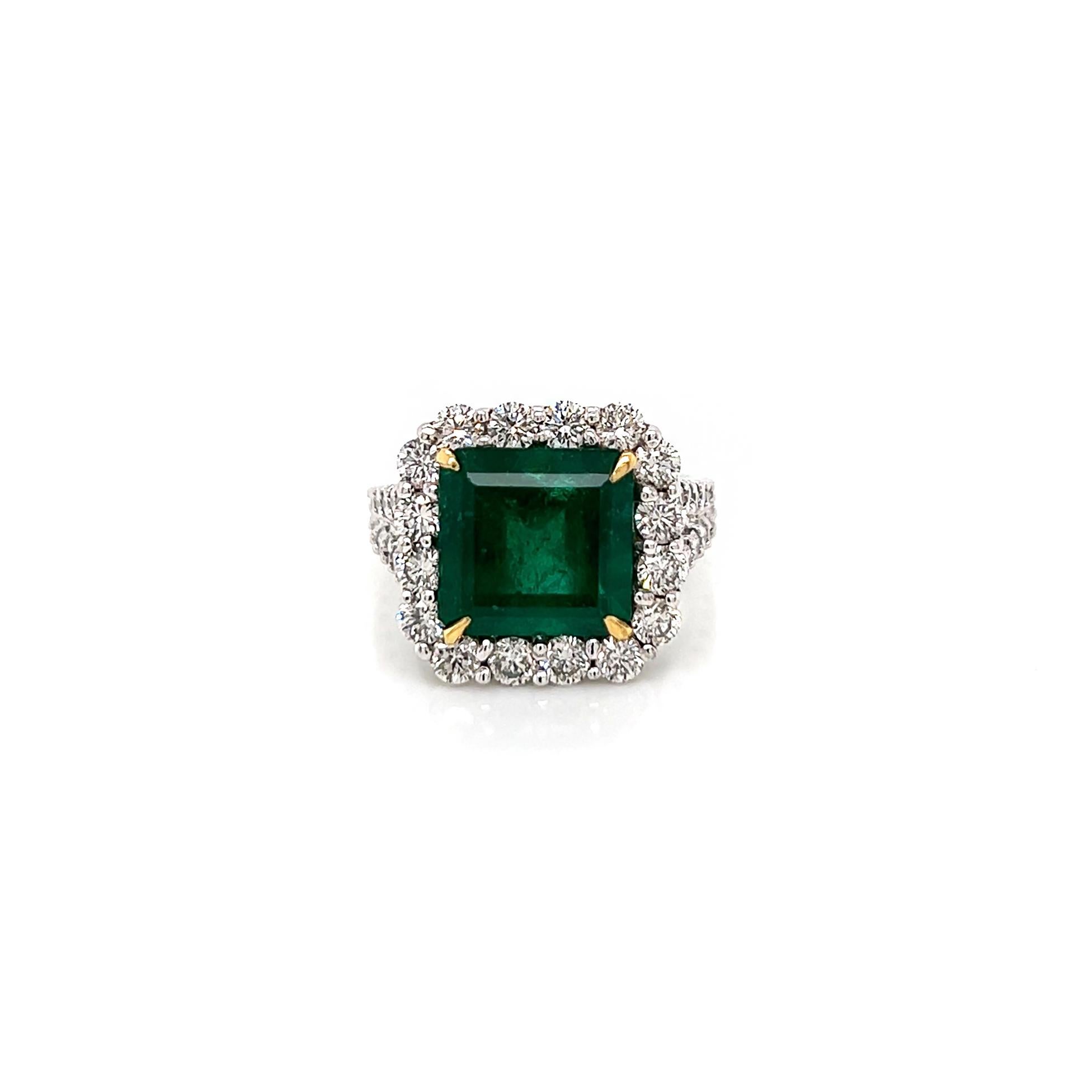 5.95 Total Carat Green Emerald and Diamond Ladies Ring

-Metal Type: Platinum
-4.15 Carat Radiant Cut Green Emerald
-1.80 Carat Round Natural Diamonds, F-G Color, VS-SI Clarity
-Size 6.25

Made in New York City.
