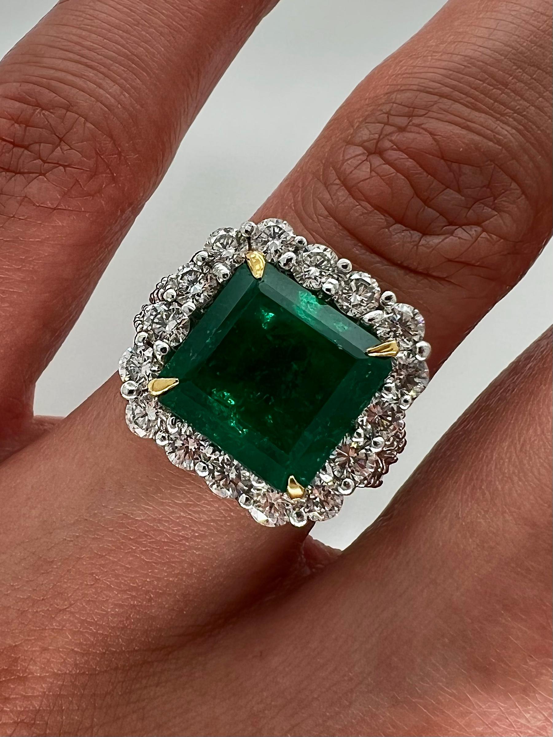 Radiant Cut 5.95 Total Carat Green Emerald and Diamond Ladies Ring For Sale