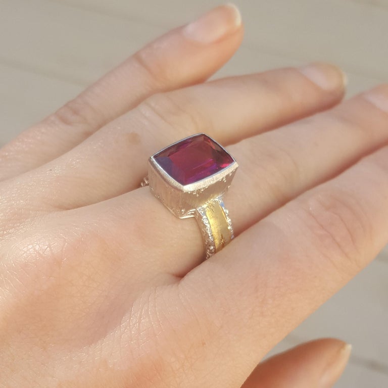 Cushion Cut 5.95ct Rubellite Tourmaline 18kt Ring, Made in Italy by Cynthia Scott Jewelry For Sale