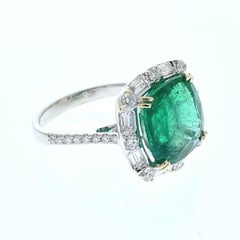 5.96 Carat Cushion Shape Green Emerald & Diamond Ring In 18k White Gold