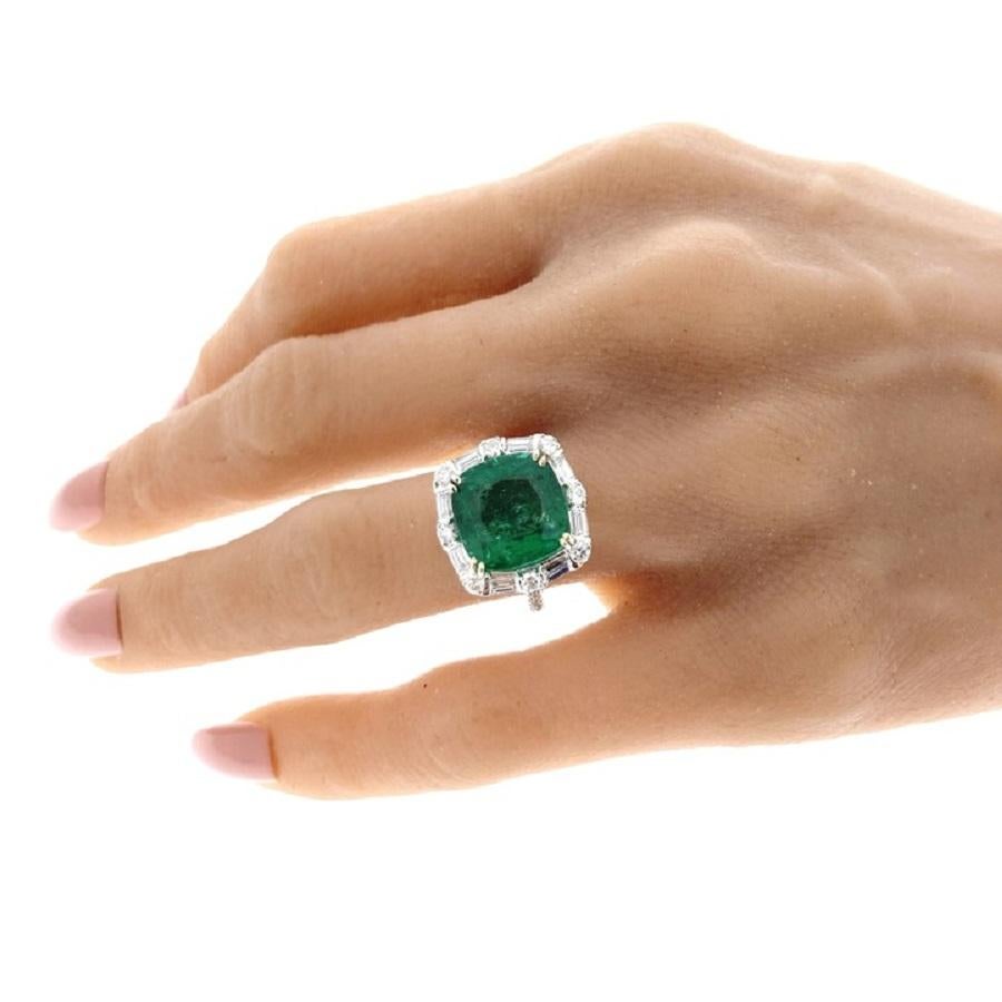 Contemporary 5.96 Carat Cushion Shape Green Emerald & Diamond Ring In 18k White Gold  For Sale