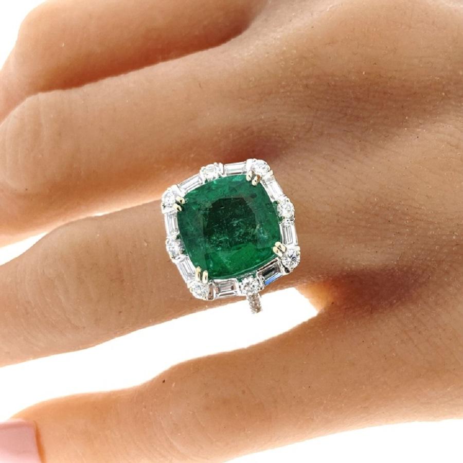 Cushion Cut 5.96 Carat Cushion Shape Green Emerald & Diamond Ring In 18k White Gold  For Sale