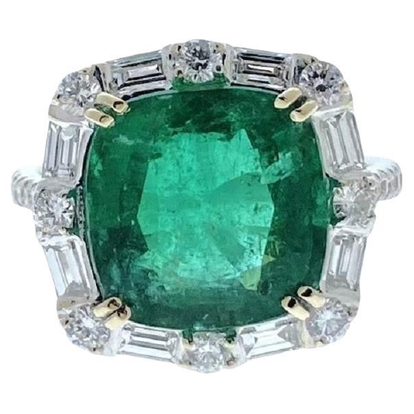 5.96 Carat Cushion Shape Green Emerald & Diamond Ring In 18k White Gold  For Sale