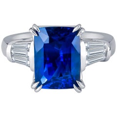 5.96 Carat Natural Ceylon Blue Sapphire Cushion Cut Ring with Baguette Diamonds