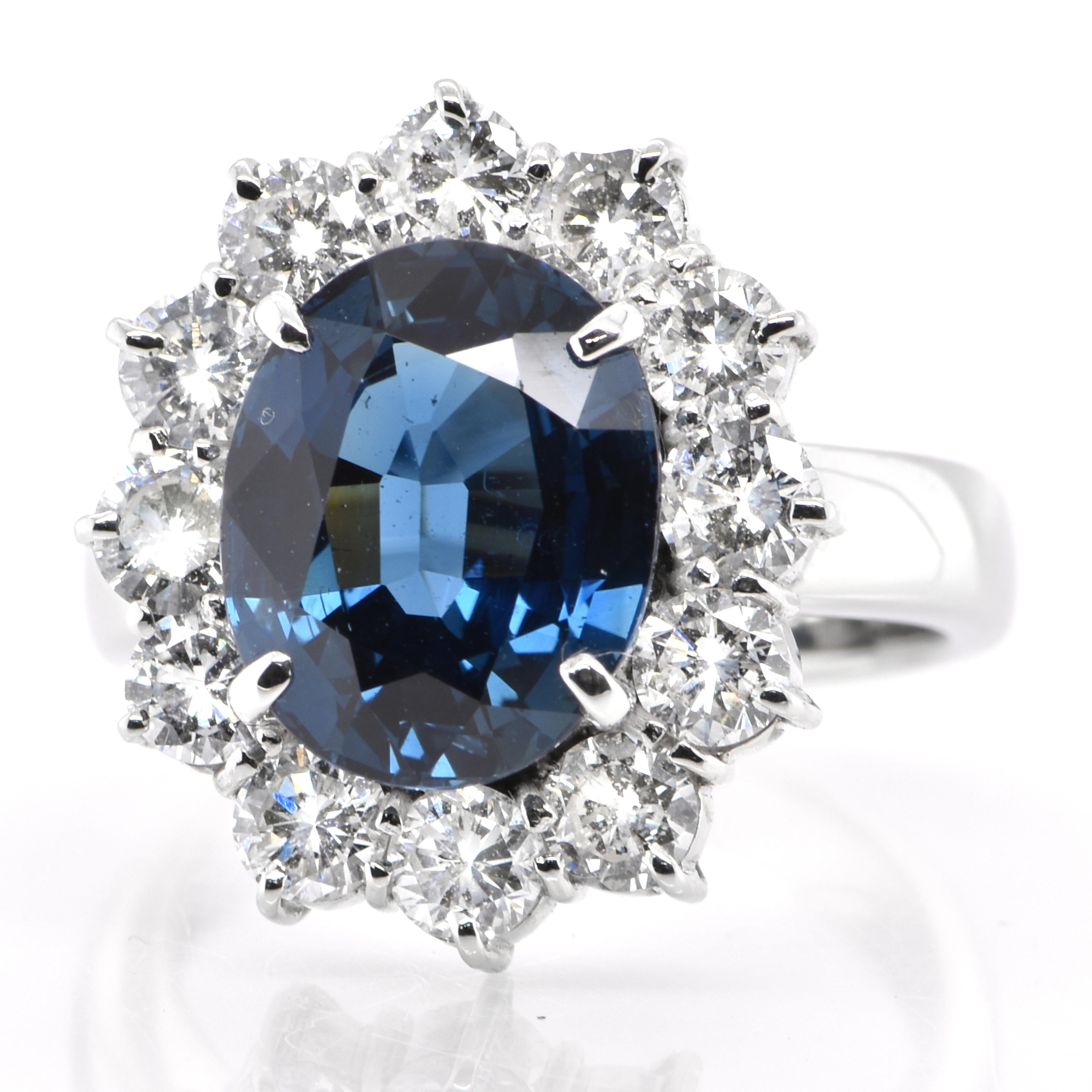 A beautiful ring featuring 5.96 Carat, Natural Sapphire and 1.80 Carats Diamond Accents set in Platinum. Sapphires have extraordinary durability - they excel in hardness as well as toughness and durability making them very popular in jewelry.