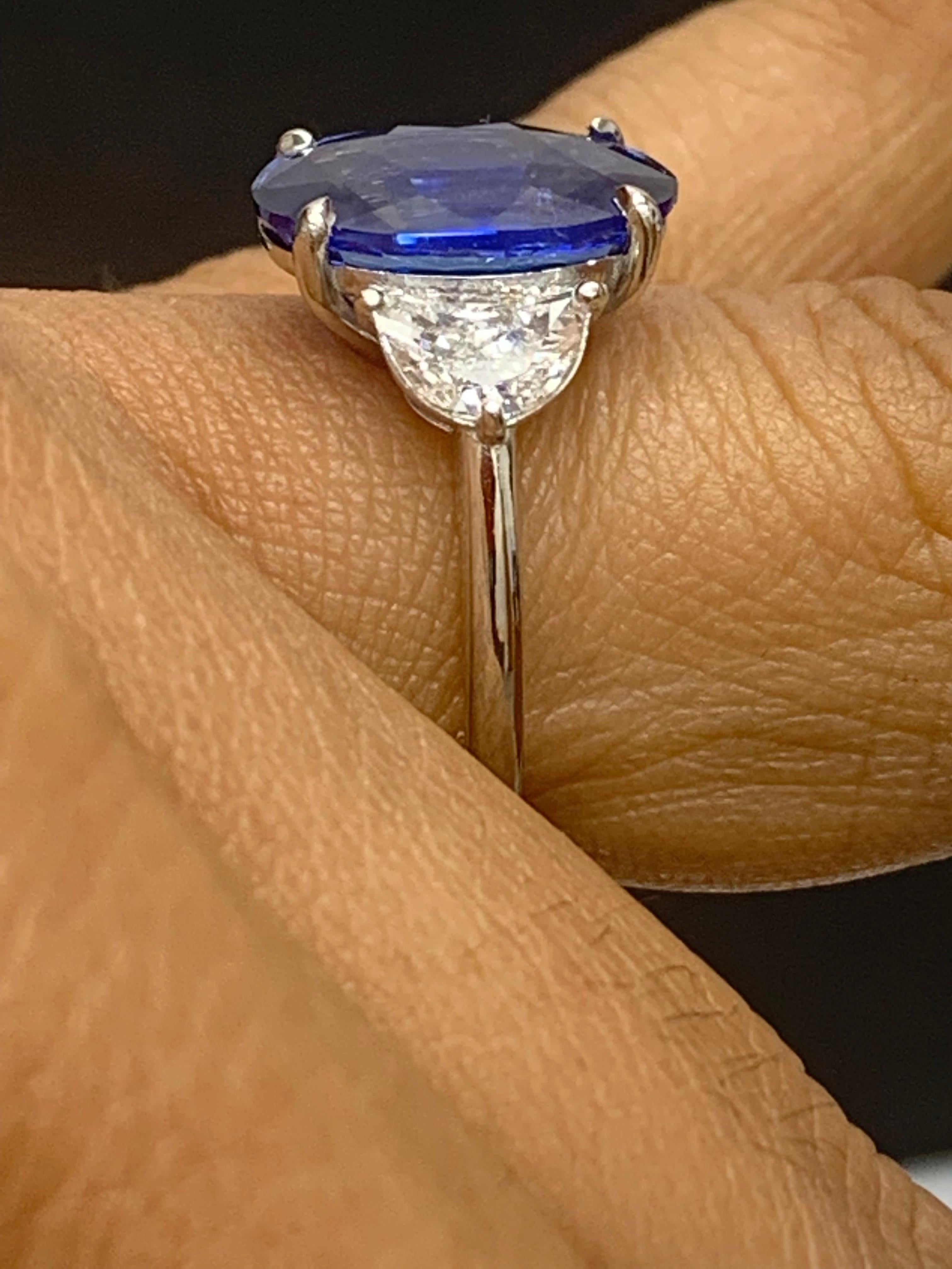 5.96 Carat Oval Blue Sapphire Diamond Three-Stone Engagement Ring in Platinum For Sale 5