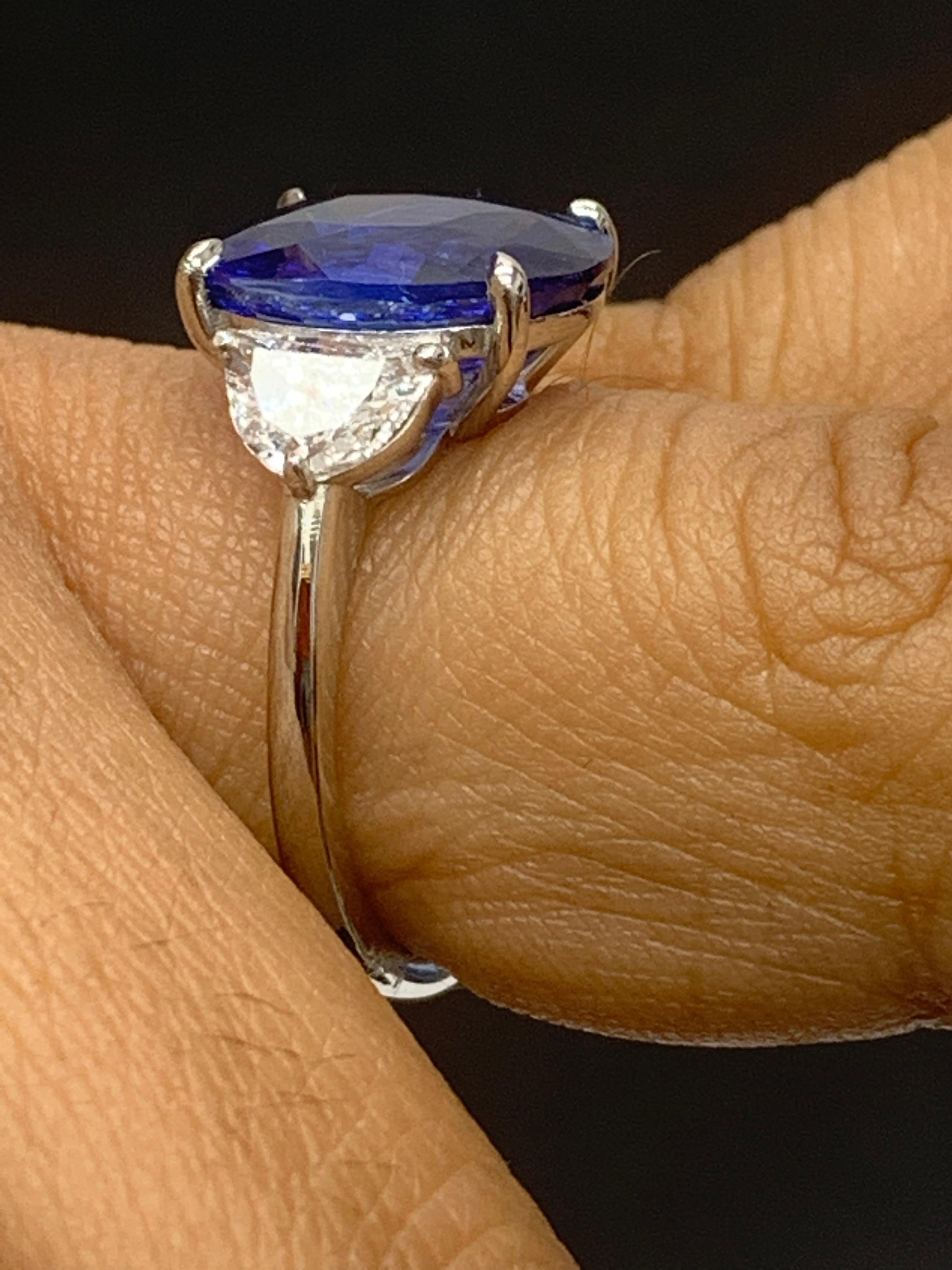 5.96 Carat Oval Blue Sapphire Diamond Three-Stone Engagement Ring in Platinum For Sale 6