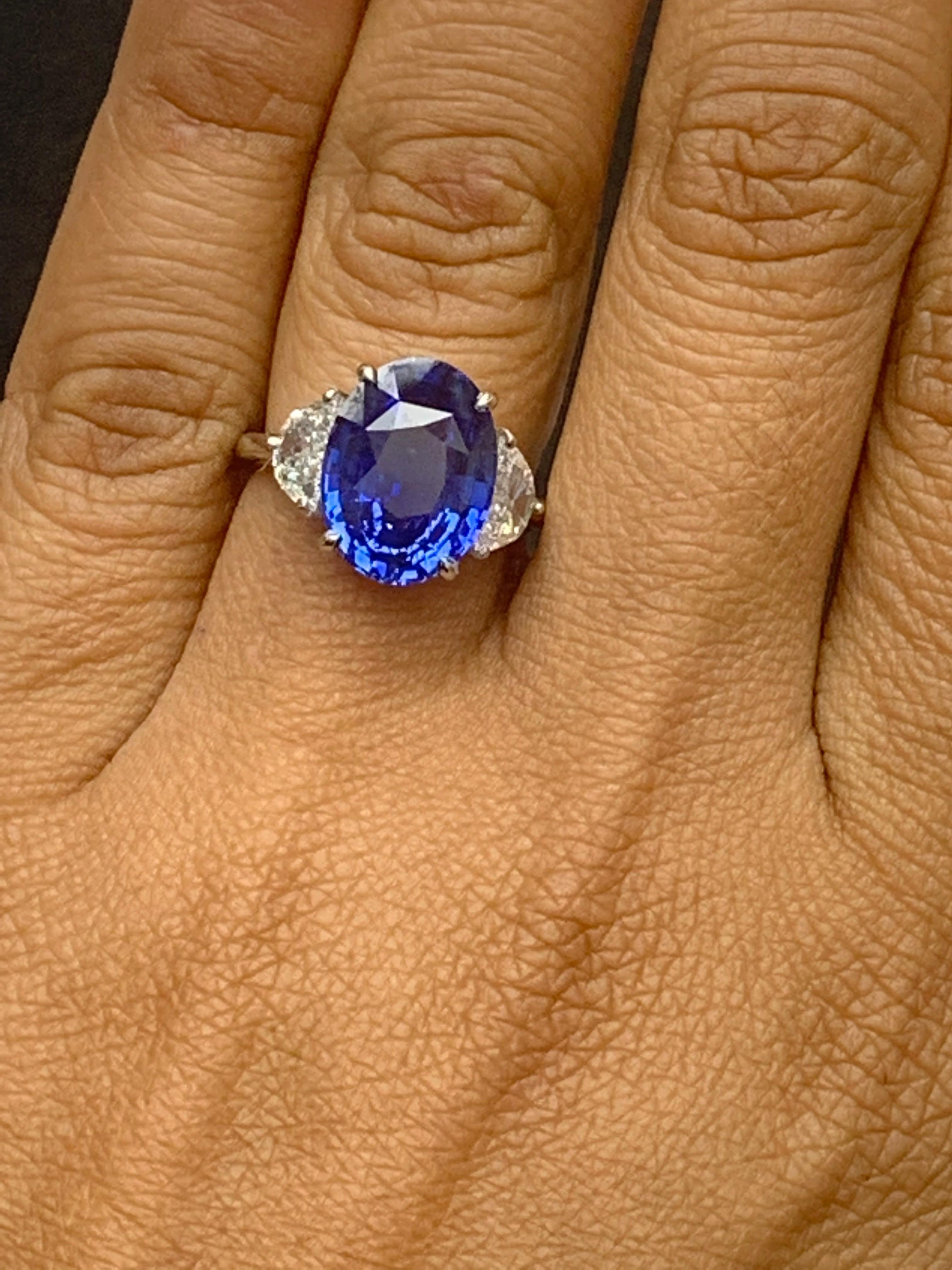 5.96 Carat Oval Blue Sapphire Diamond Three-Stone Engagement Ring in Platinum For Sale 8
